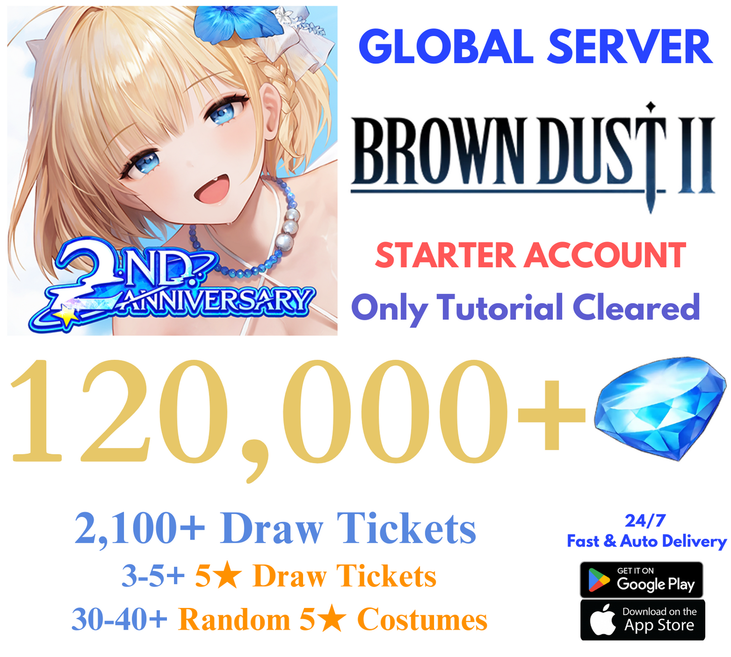 [GLOBAL] 120,000+ Gems Brown Dust 2 Starter Reroll Account