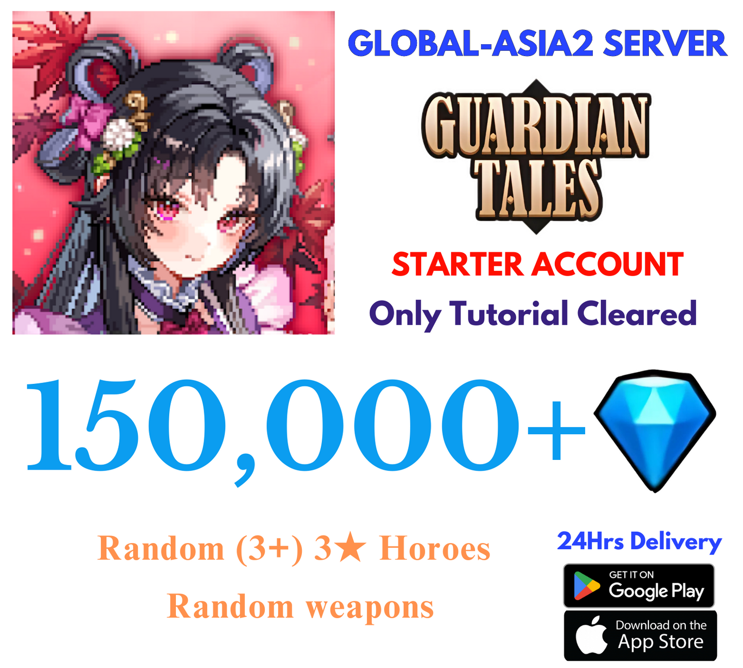 [GLOBAL-ASIA W2] 200,000+Gems Guardian Tales Starter Reroll Account
