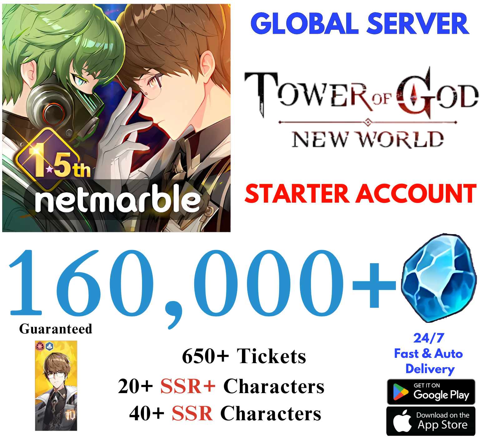 [GLOBAL] 160,000+ Gems Tower of God New World Starter Account