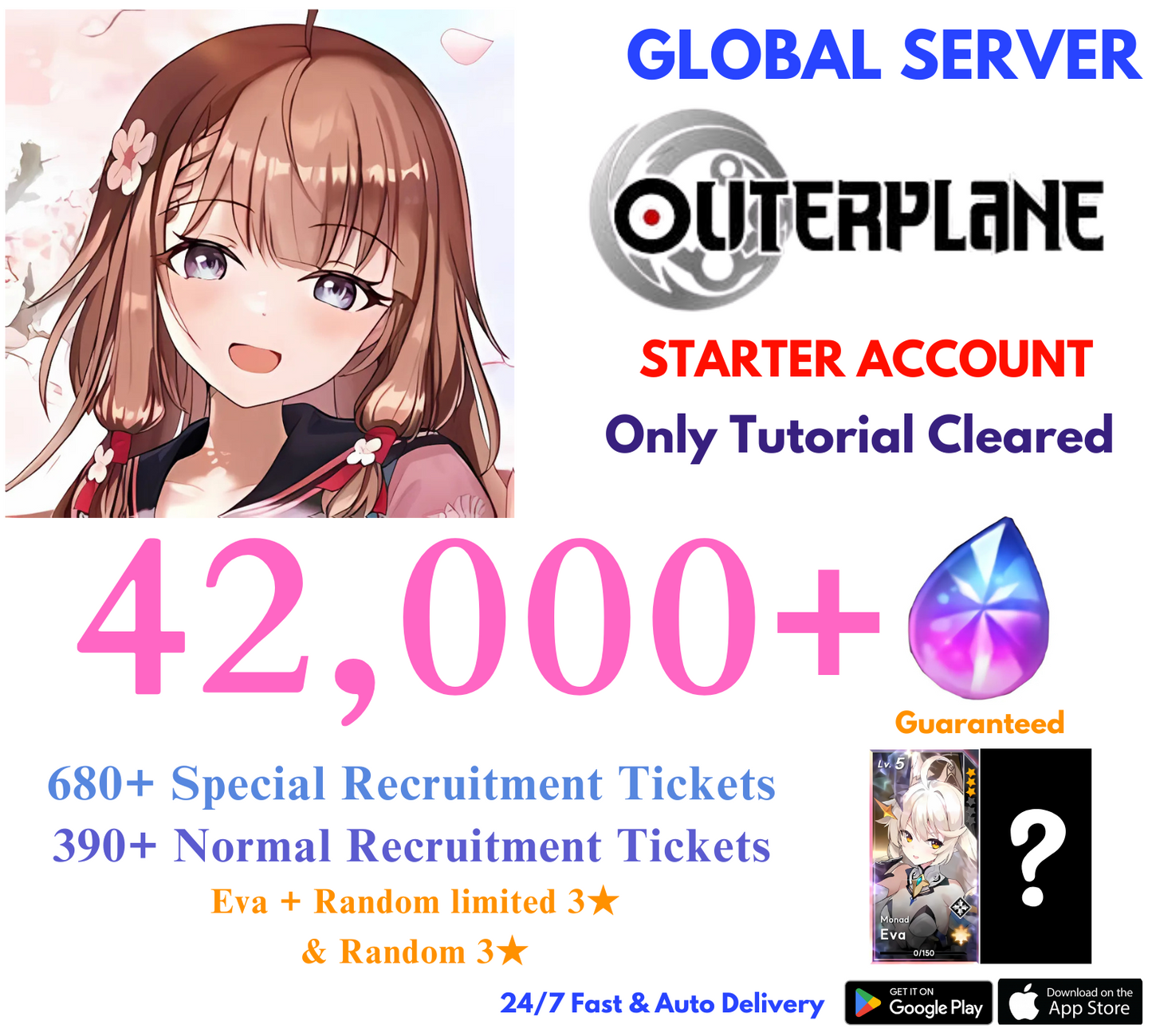 [GLOBAL] 42,000+Gems+Eva & 1Random Limited OUTERPLANE Starter Reroll Account