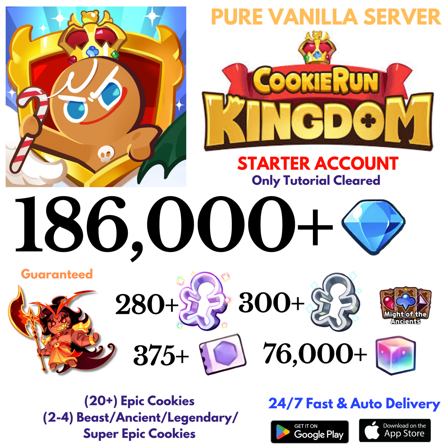 [GLOBAL/Pure Vanilla] 186,000+Gems+Burning Spice Cookie Run: Kingdom Starter Account