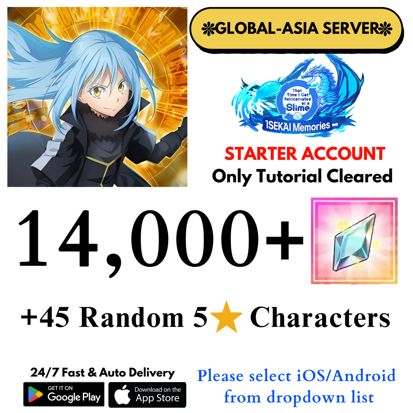 [Global-Asia] 14,000+Crystals Slime Isekai Memories Starter Reroll Account