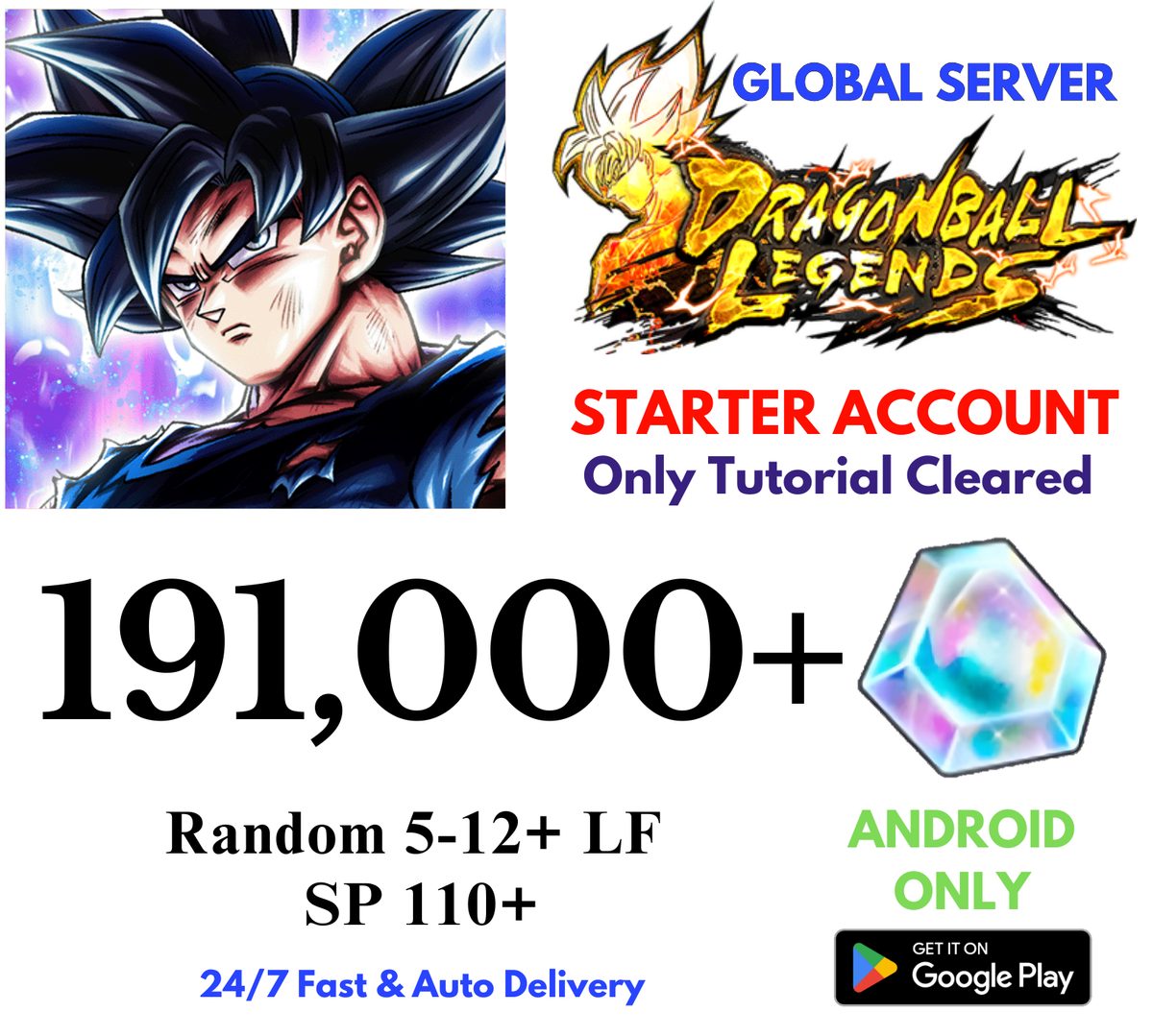 [GLOBAL/Android] 191,000+Gems Dragon Ball Legends Lv.1 Starter Reroll Account