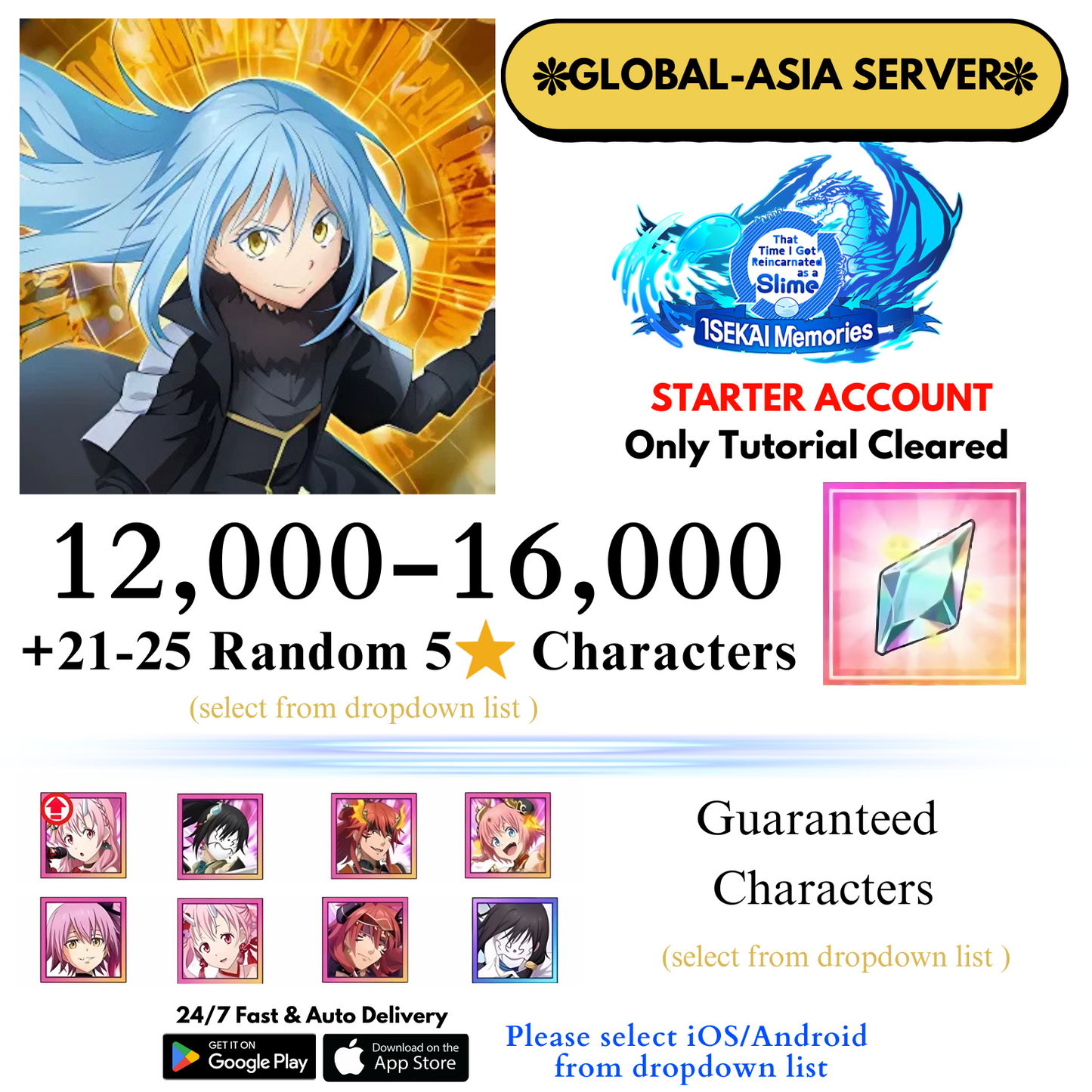 [Global-Asia] 12,000+Crystals (Select special characters) Slime Isekai Memories Starter Reroll Account