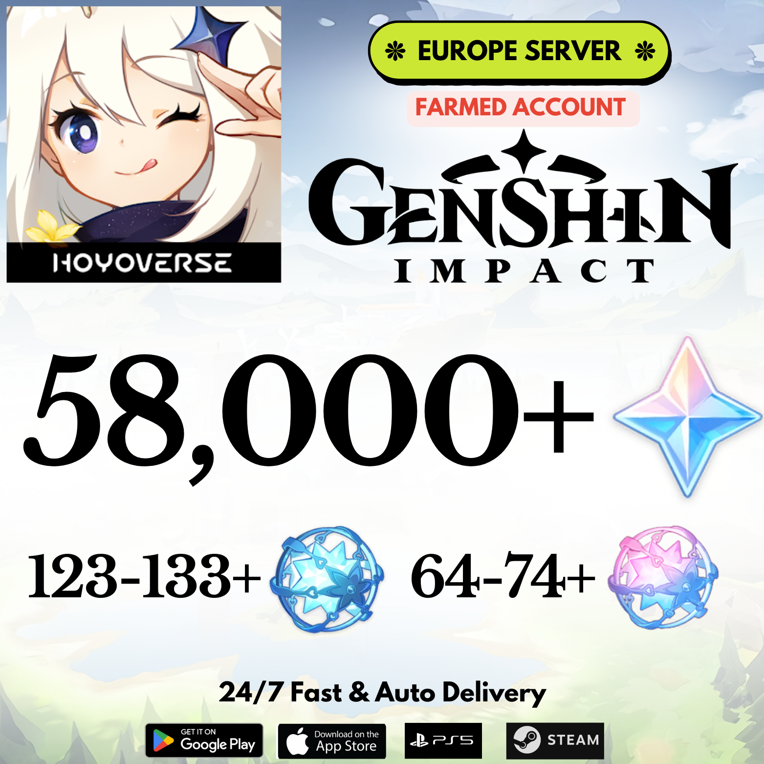 [Europe/EU] 58,000+Gems Genshin Impact Reroll Farmed Account