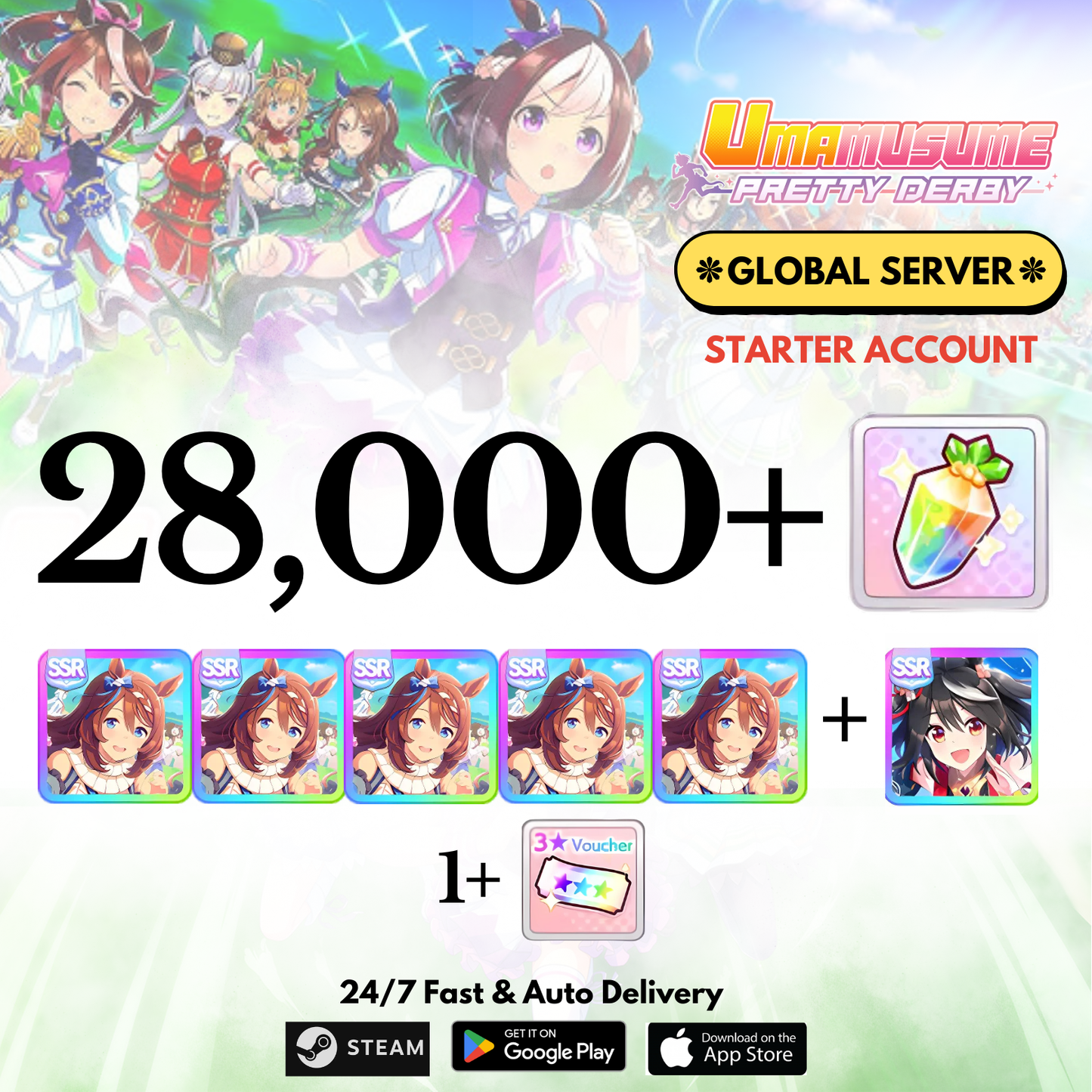 [GLOBAL] 28,000+Carats+Super creek x5+Kitasan black Uma Musume Pretty Derby Starter Reroll Account