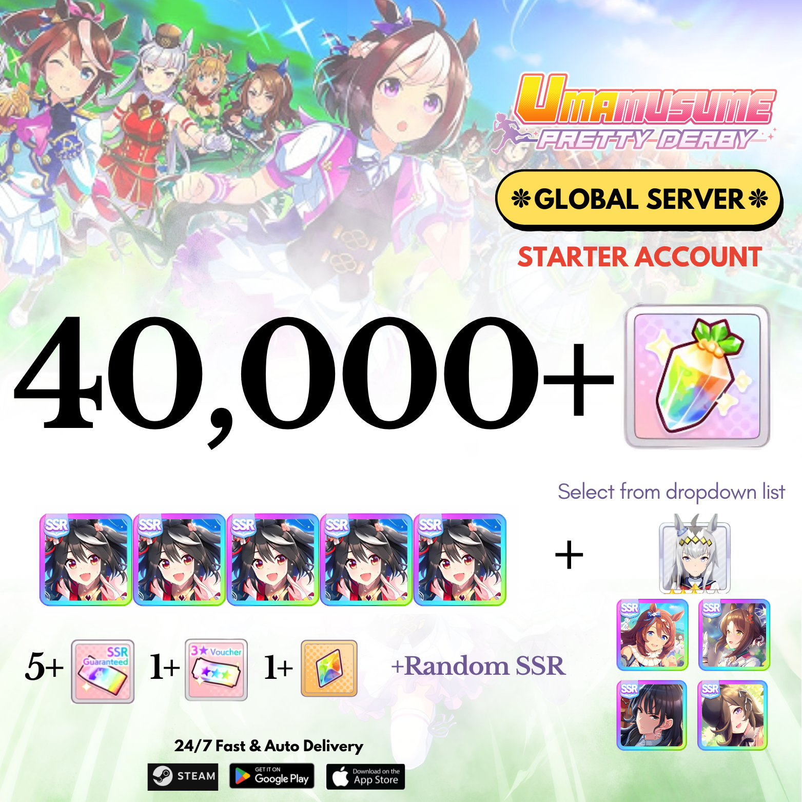 [GLOBAL] 35,000-40,000+Carats+Kitasan black x5+Selected Characters Uma Musume Pretty Derby Starter Reroll Account