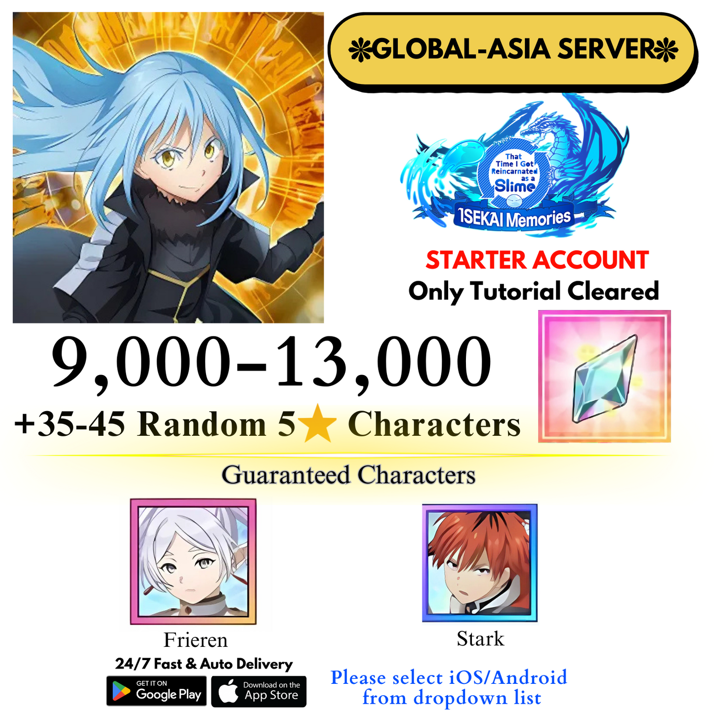 [Global-Asia] 9,000+Crystals (Frieren+Stark) Slime Isekai Memories Starter Reroll Account