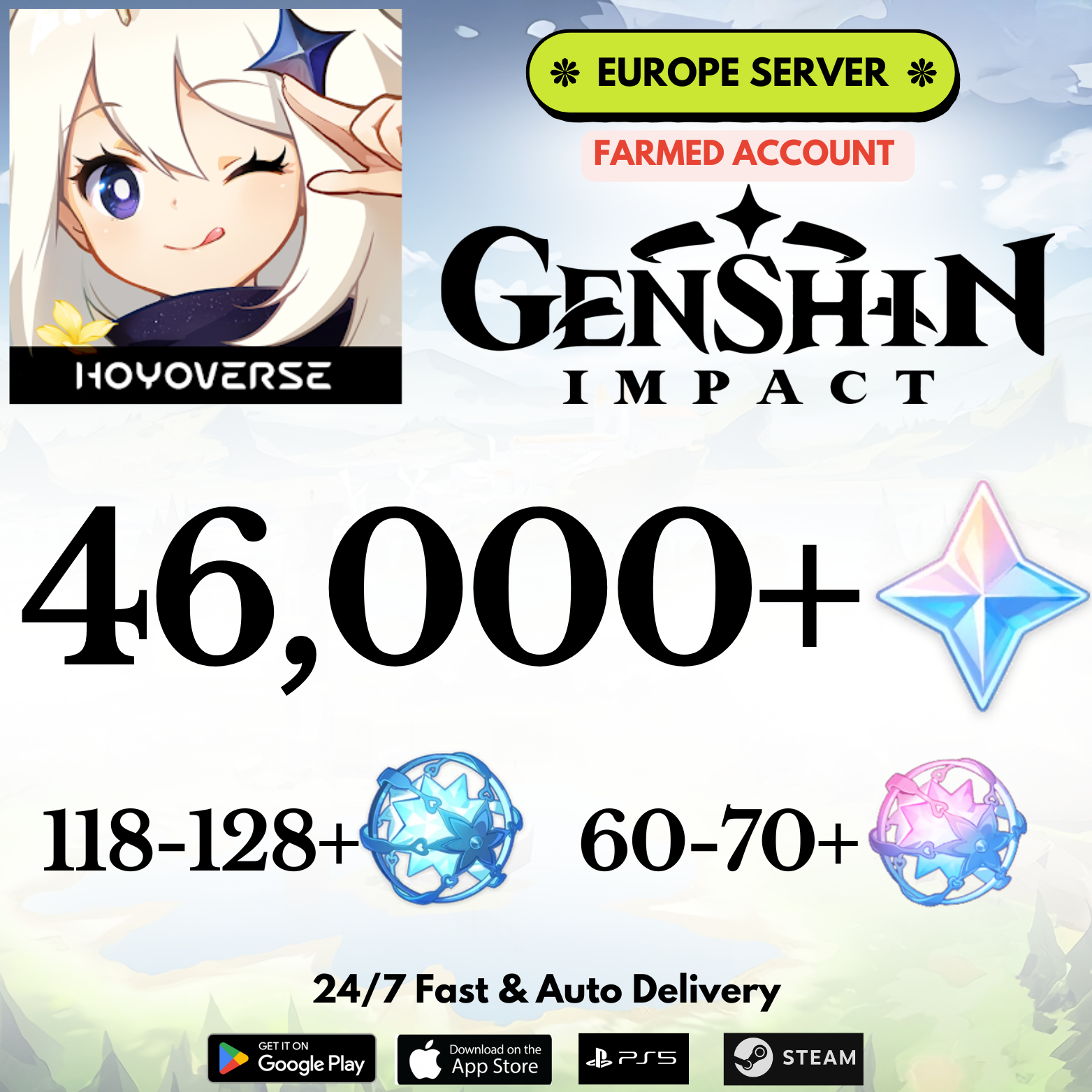 [Europe/EU] 46,000+Gems Genshin Impact Reroll Farmed Account