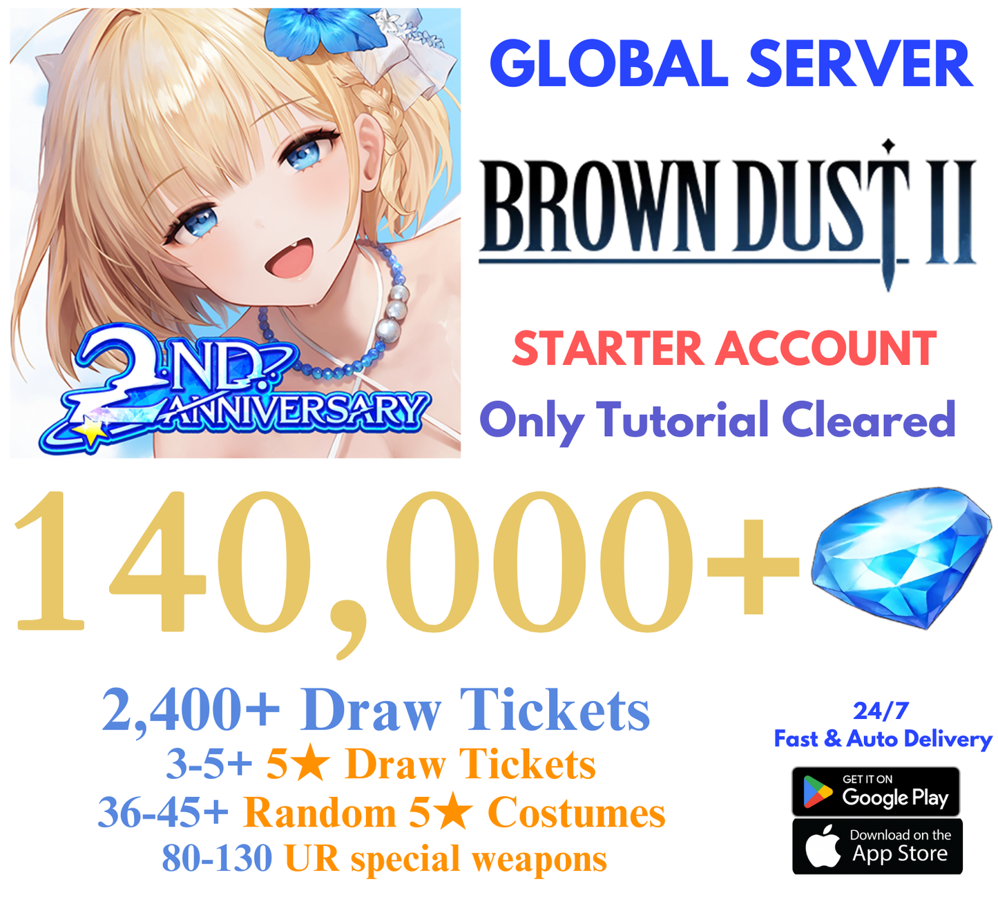 [GLOBAL] 140,000+ Gems Brown Dust 2 Starter Reroll Account