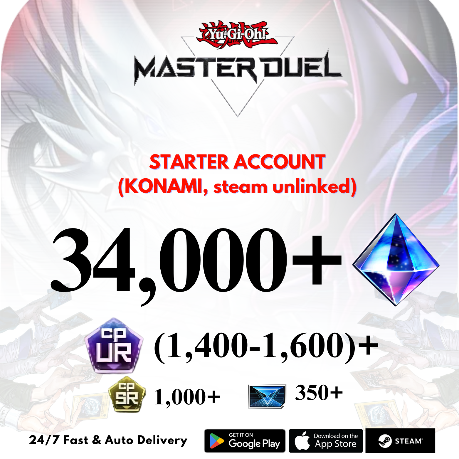 [GLOBAL] 34,000+Gems 1,400+UR CP Yu-Gi-Oh! Master Duel Starter Reroll Account