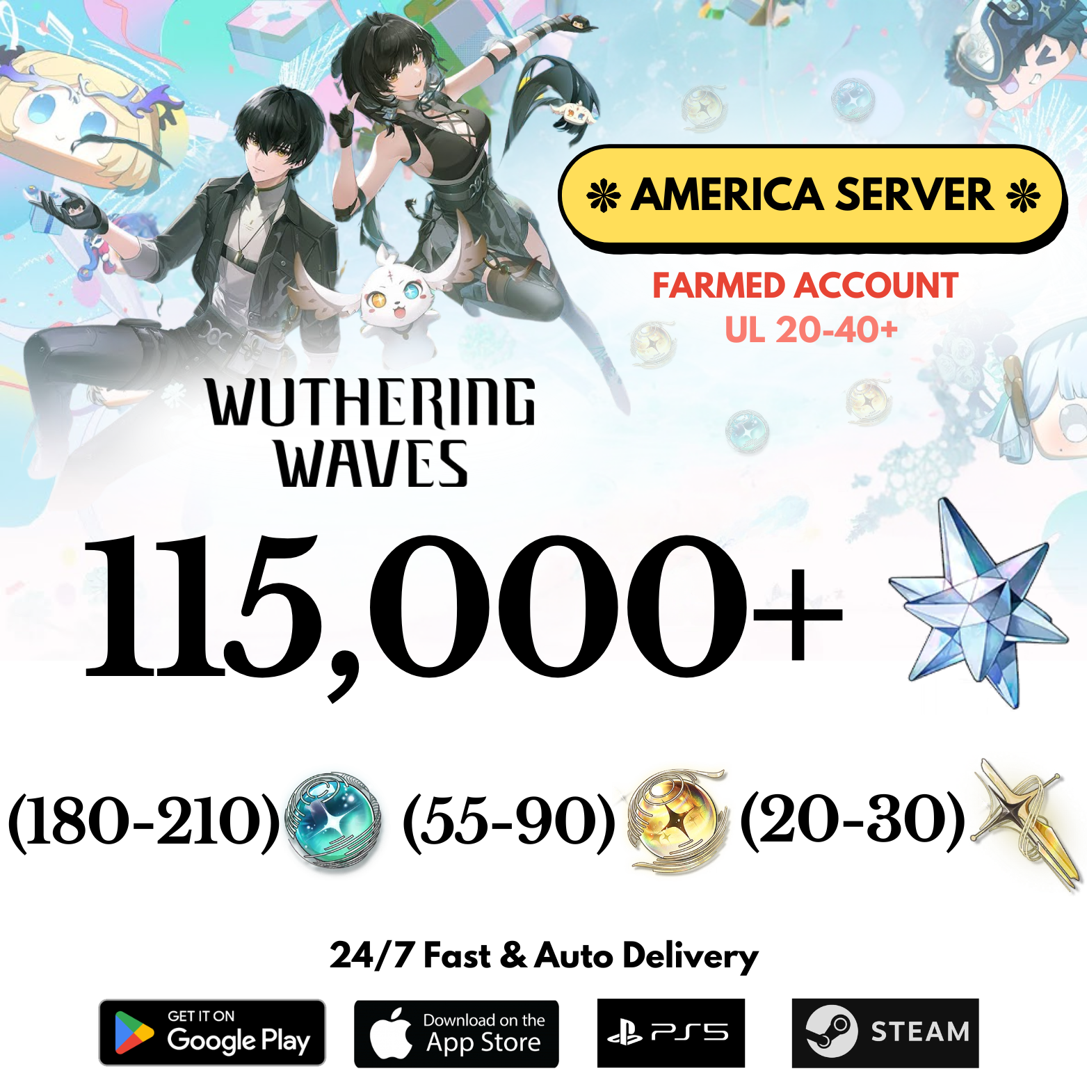 [AMERICA/NA] 63,000-115,000+ Astrite Wuthering Waves Farmed Reroll Account