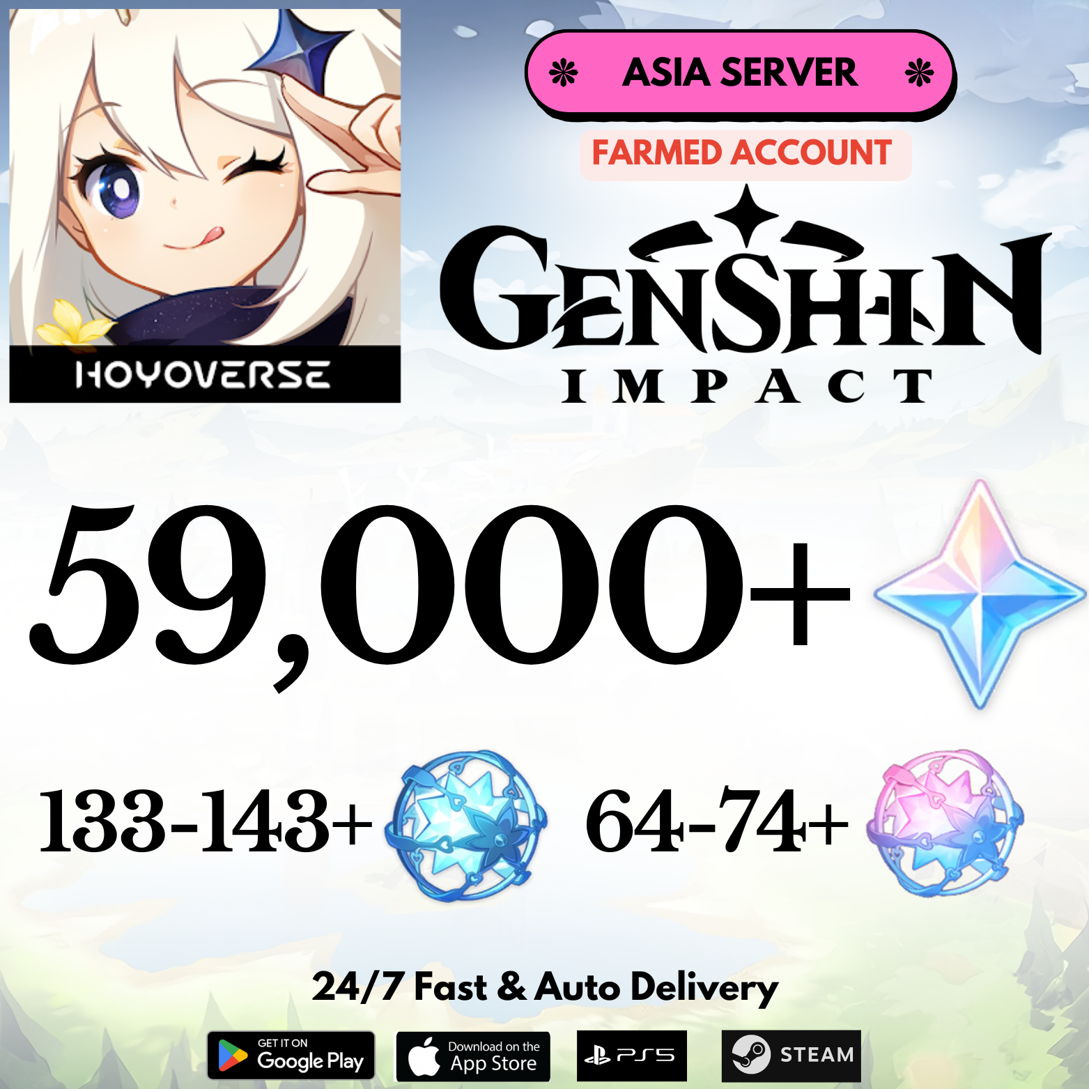 [Asia] 59,000+Gems Genshin Impact Reroll Farmed Account