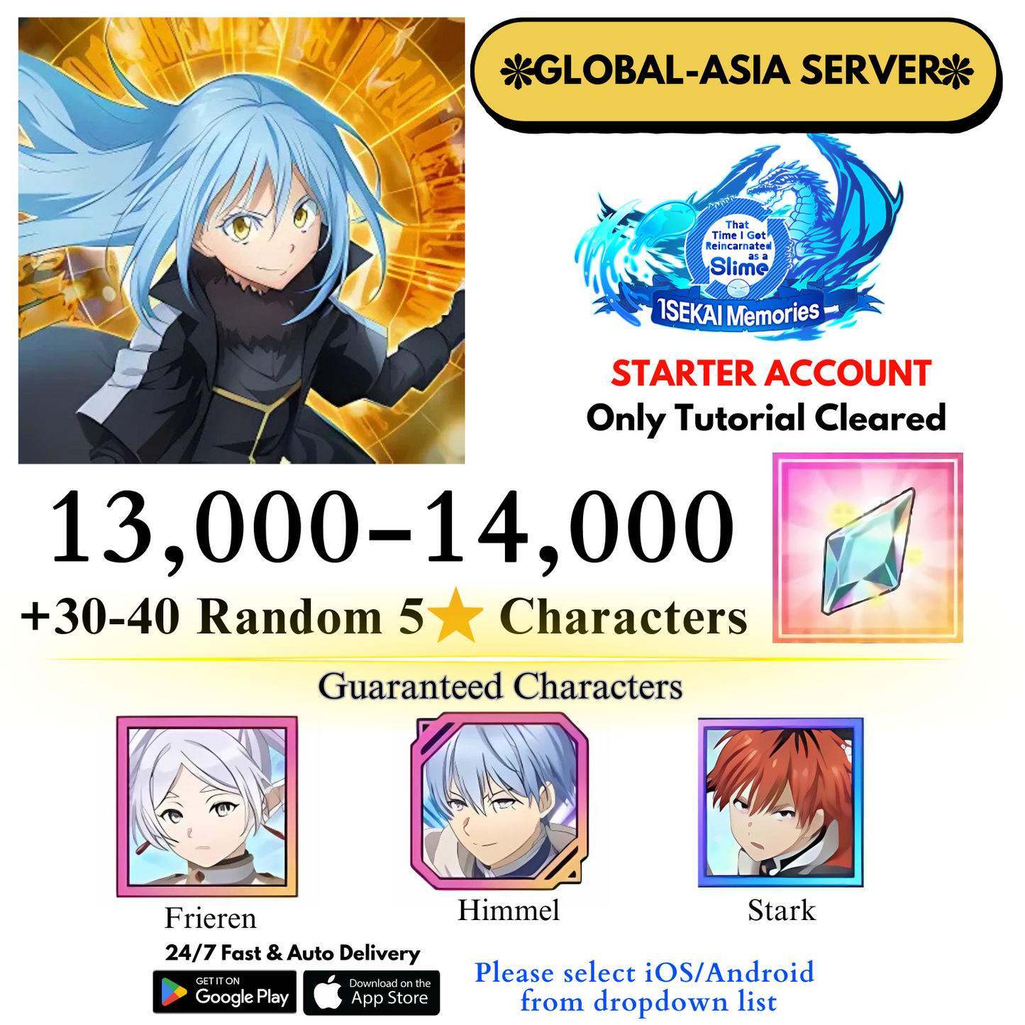 [Global-Asia] 13,000+Crystals (Frieren+Himmel+Stark) Slime Isekai Memories Starter Reroll Account