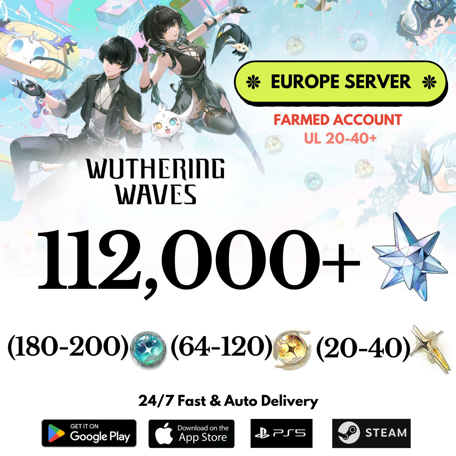 [EUROPE/EU] 65,000-112,000+ Astrite Wuthering Waves Farmed Reroll Account