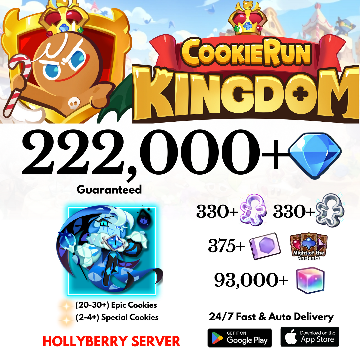 [GLOBAL/Hollyberry] 222,000+Gems+Shadow Milk Cookie Run: Kingdom Starter Account