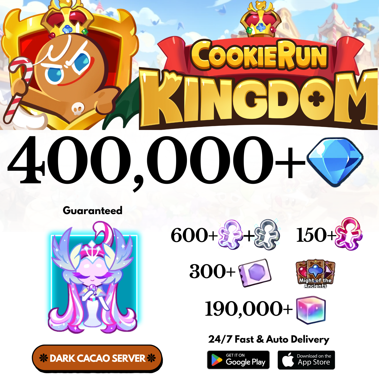 [GLOBAL/Dark Cacao] 400,000+Gems+Sugar Swan Cookie Run: Kingdom Starter Account