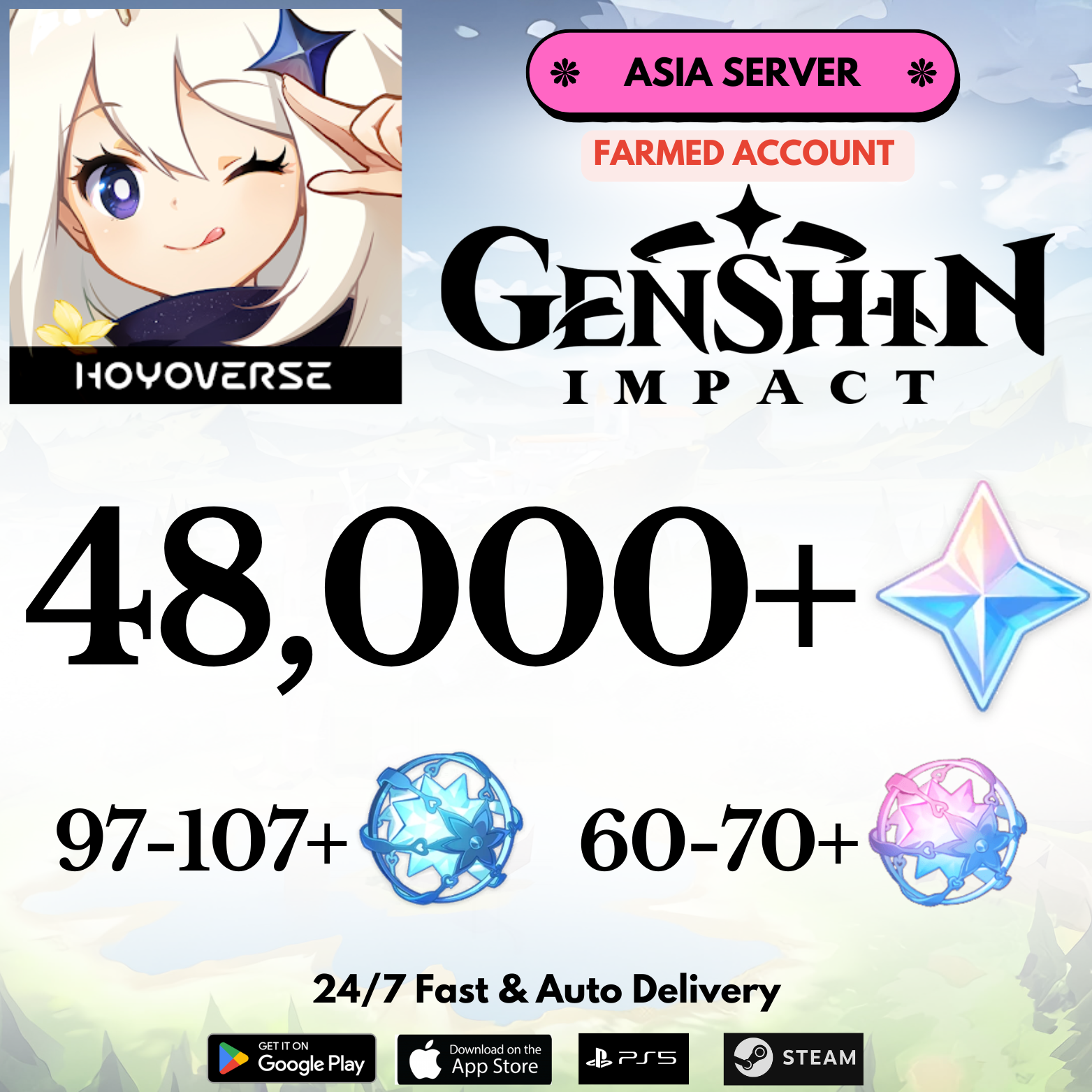 [Asia] 48,000+Gems Genshin Impact Reroll Farmed Account