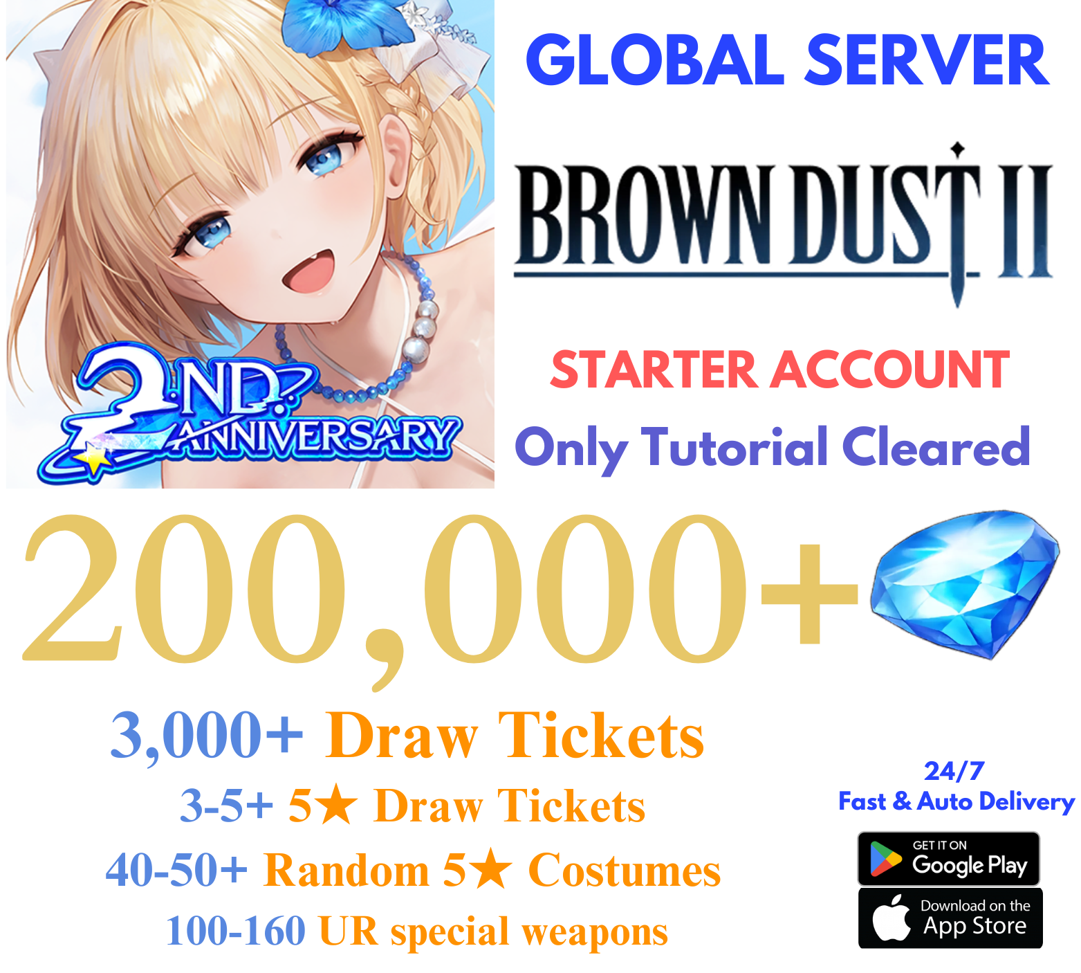 [GLOBAL] 200,000+ Gems Brown Dust 2 Starter Reroll Account