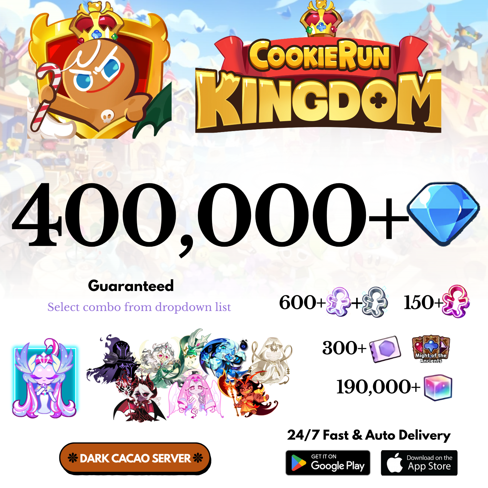 [GLOBAL/Dark Cacao] 400,000+Gems+ Sugar Swan+Combo Cookie Run: Kingdom Starter Account