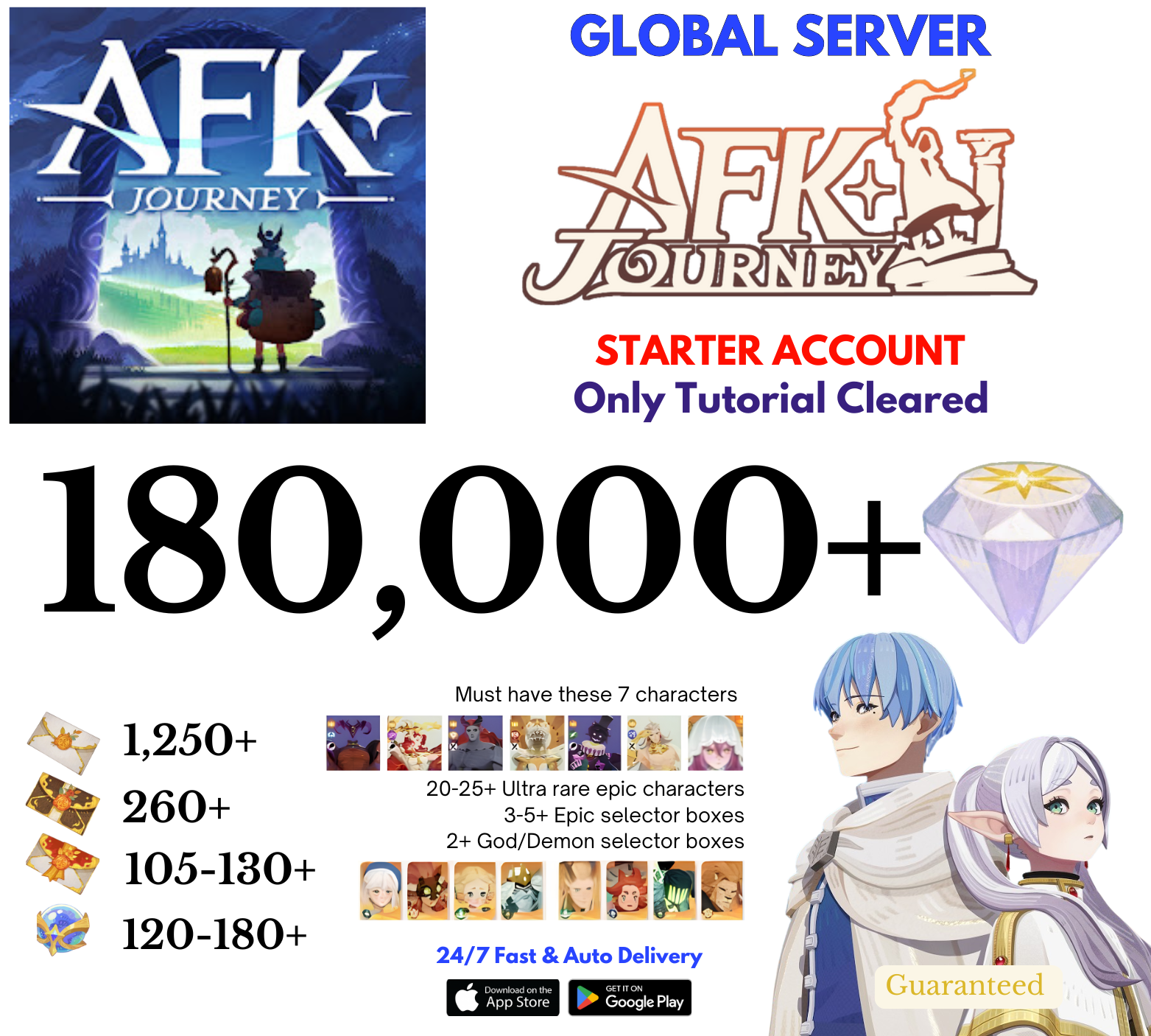 [Global] 180,000+Diamonds Frieren+Himmel AFK Journey Starter Reroll Account