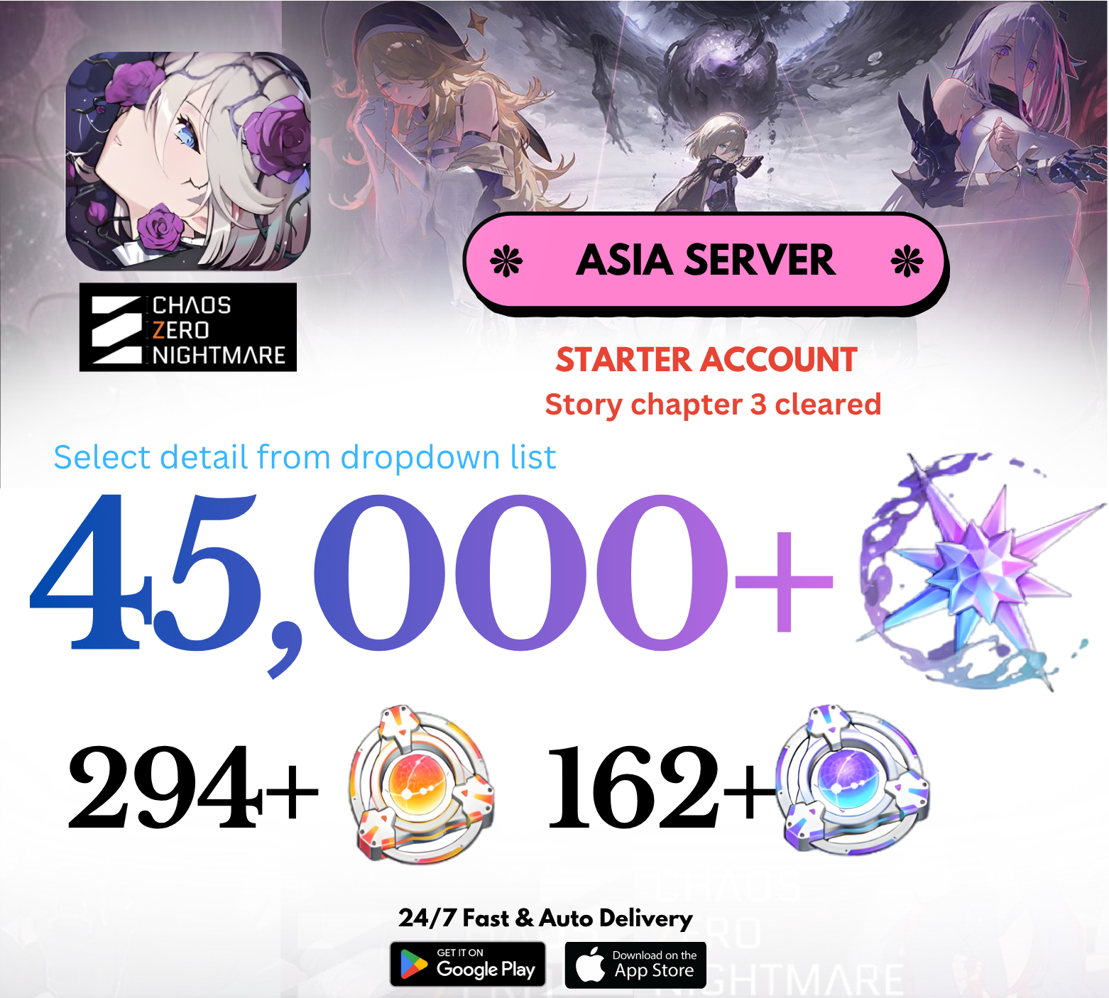 [ASIA] 20,000-45,000+ Crystals Chaos Zero Nightmare Semi-Starter Reroll Account