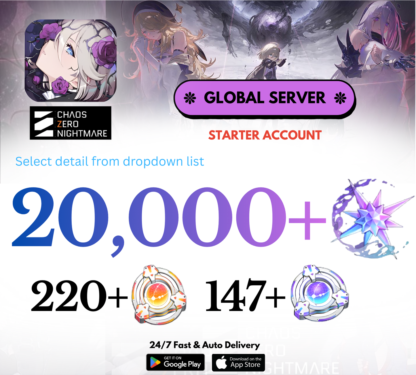 [GLOBAL] 10,500-20,000+ Crystals Chaos Zero Nightmare Starter Reroll Account