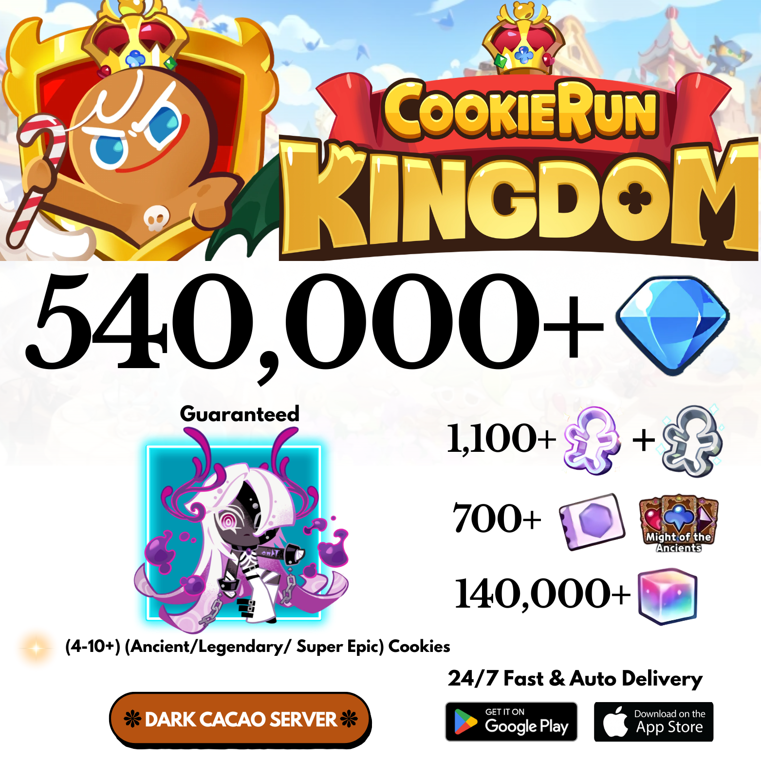 [GLOBAL/Dark Cacao] 540,000+Gems+Venom Dough Cookie Run: Kingdom Starter Account