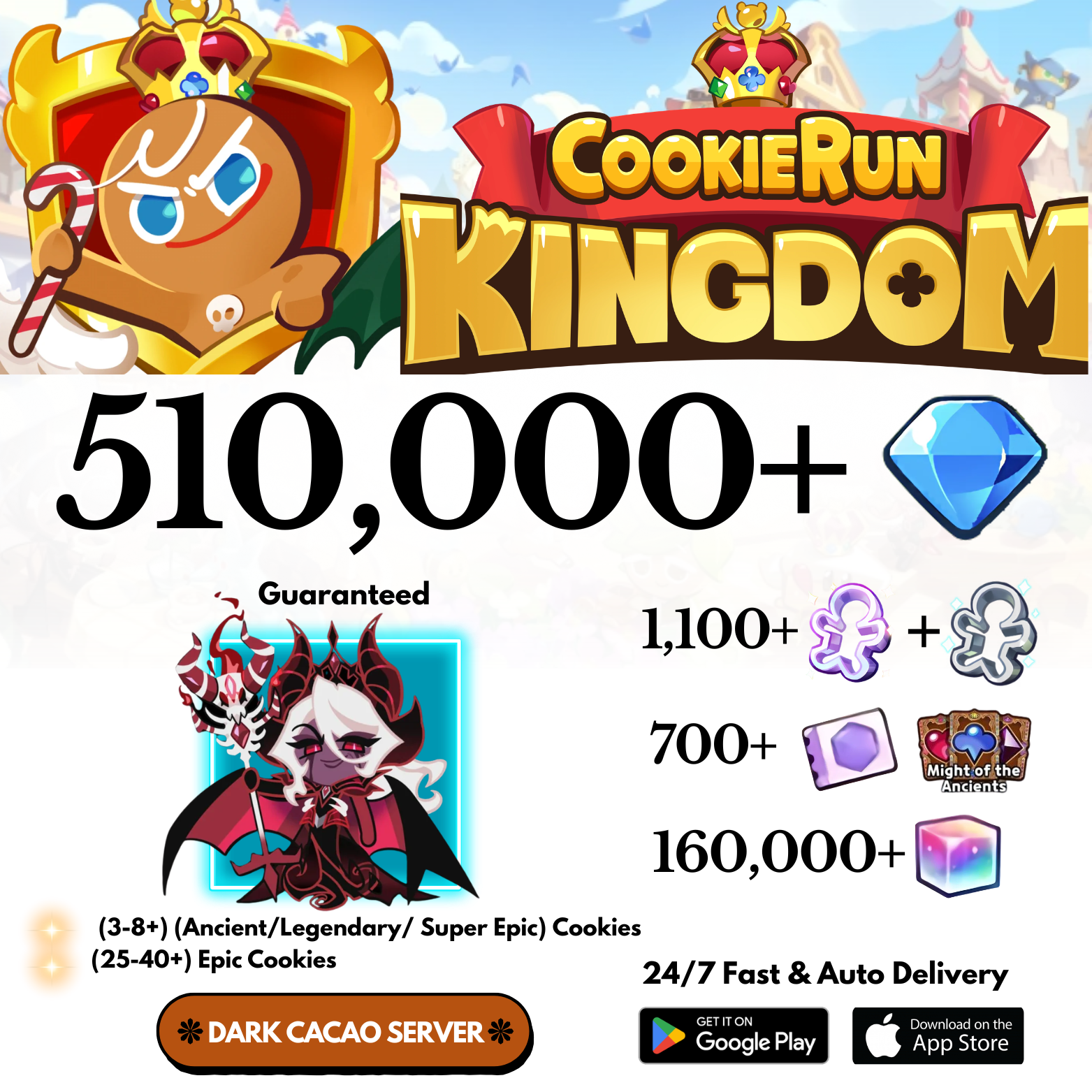 [GLOBAL/Dark Cacao] 510,000+Gems+Enchantress Cookie Run: Kingdom Starter Account