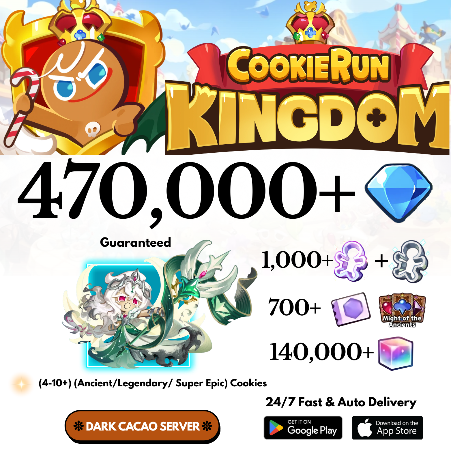[GLOBAL/Dark Cacao] 470,000+Gems+Awaken White Lily Cookie Run: Kingdom Starter Account