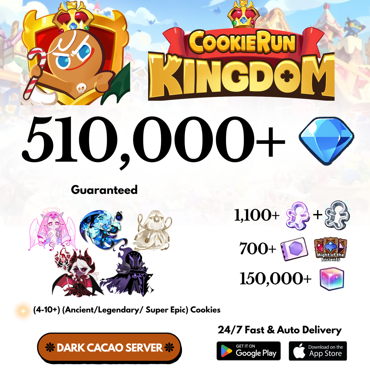 [GLOBAL/Dark Cacao] 510,000+Gems+5 Characters Cookie Run: Kingdom Starter Account