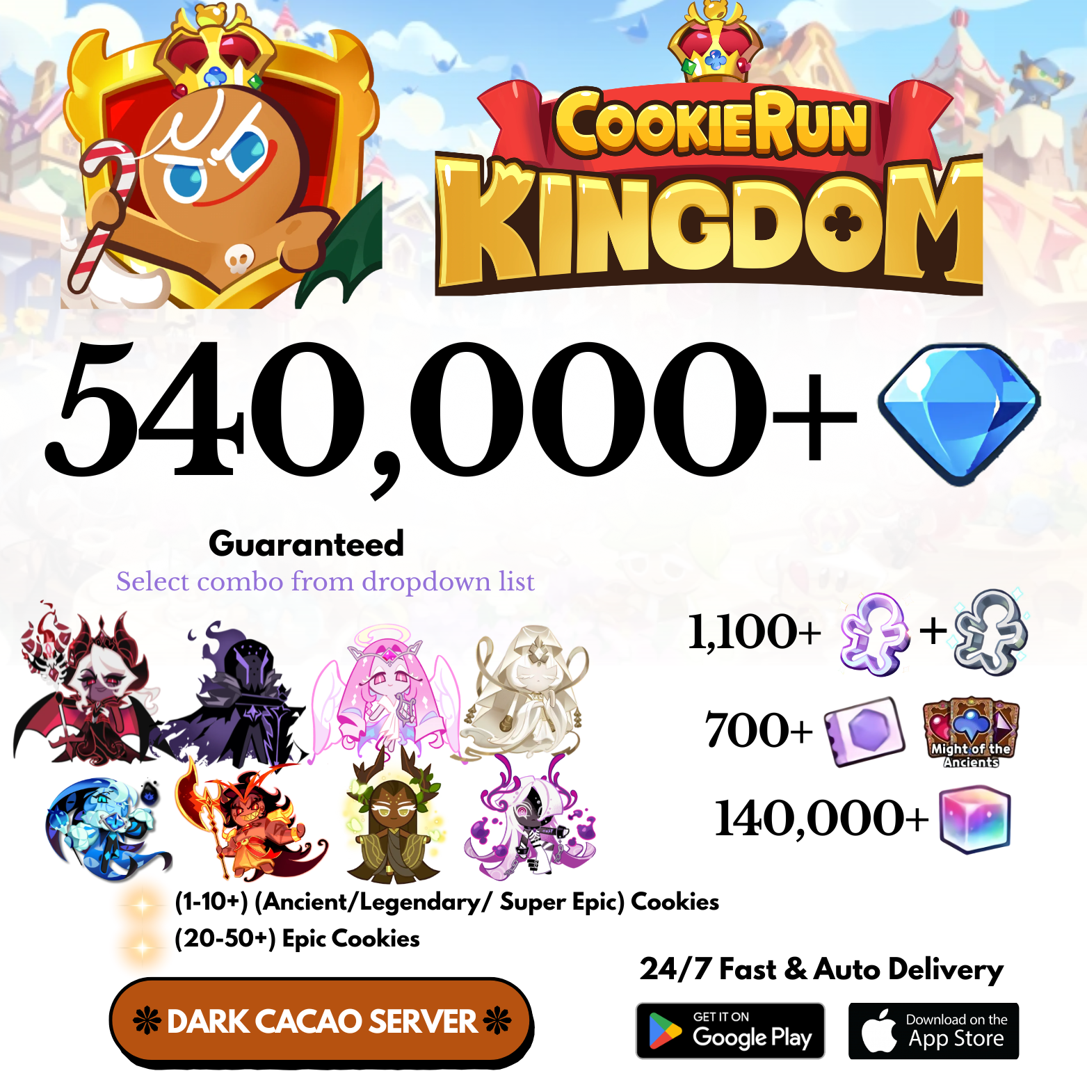 [GLOBAL/Dark Cacao] 540,000+Gems+Special Characters Cookie Run: Kingdom Starter Account