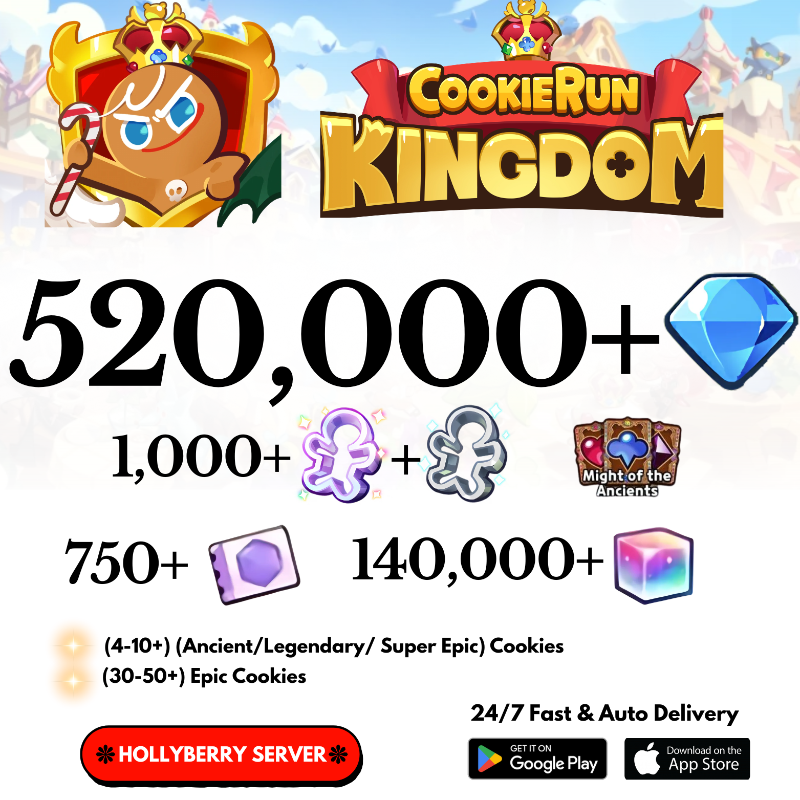 [GLOBAL/Hollyberry] 490,000-520,000+Gems Cookie Run: Kingdom Starter Account