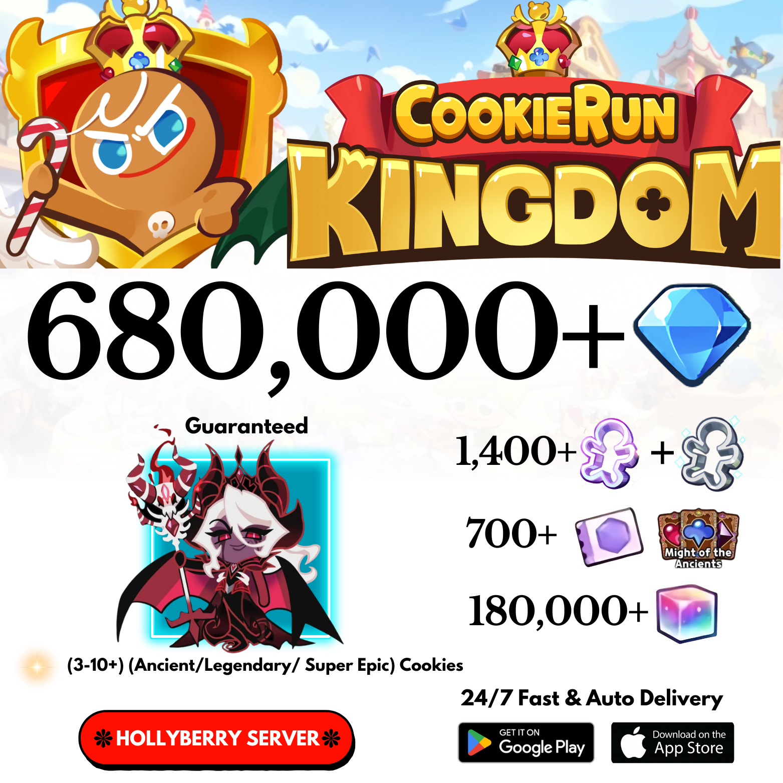 [GLOBAL/Hollyberry] 560,000-680,000+Gems+Enchantress Cookie Run: Kingdom Starter Account