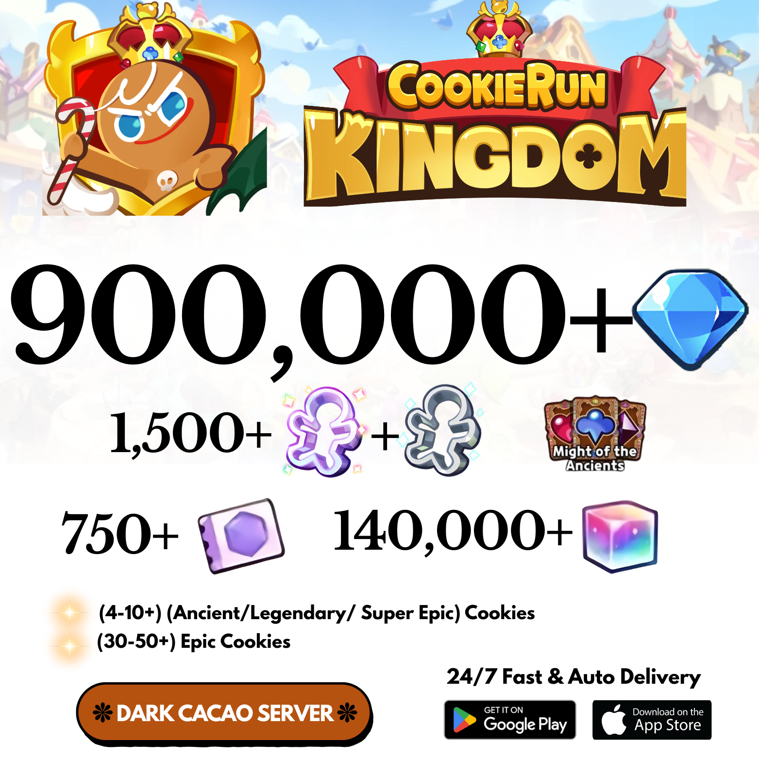 [GLOBAL/Dark Cacao] 520,000-900,000+Gems Cookie Run: Kingdom Starter Account