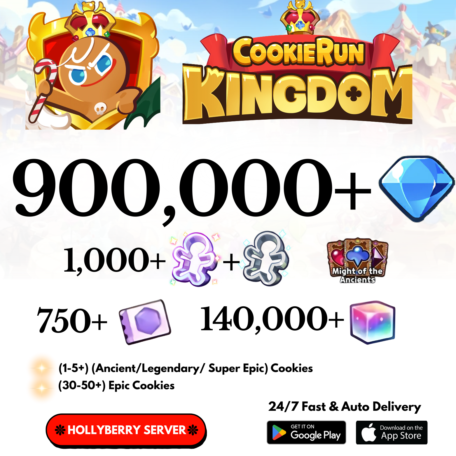 [GLOBAL/Hollyberry] 490,000-900,000+Gems Cookie Run: Kingdom Starter Account