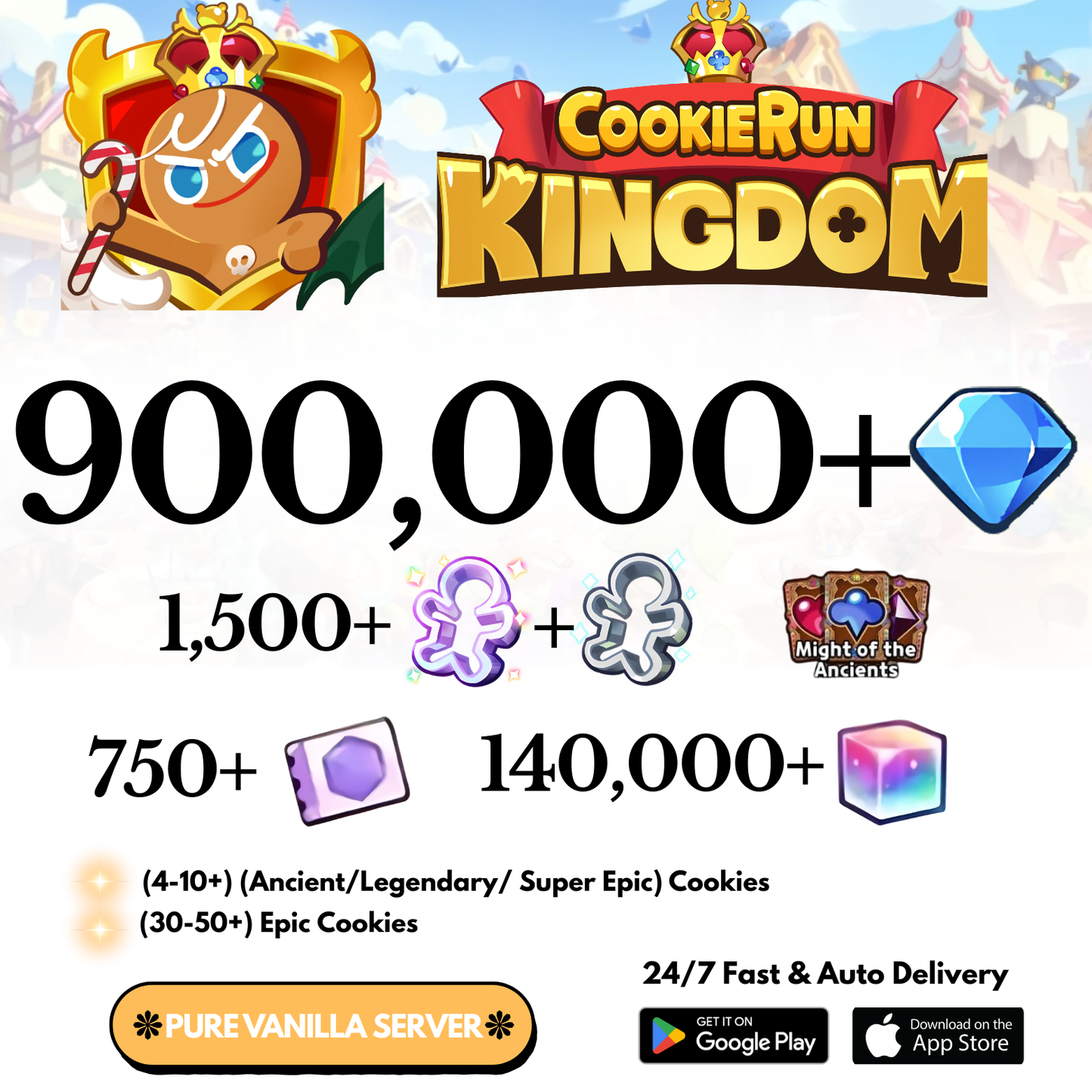 [GLOBAL/Pure Vanilla] 500,000-900,000+Gems Cookie Run: Kingdom Starter Account
