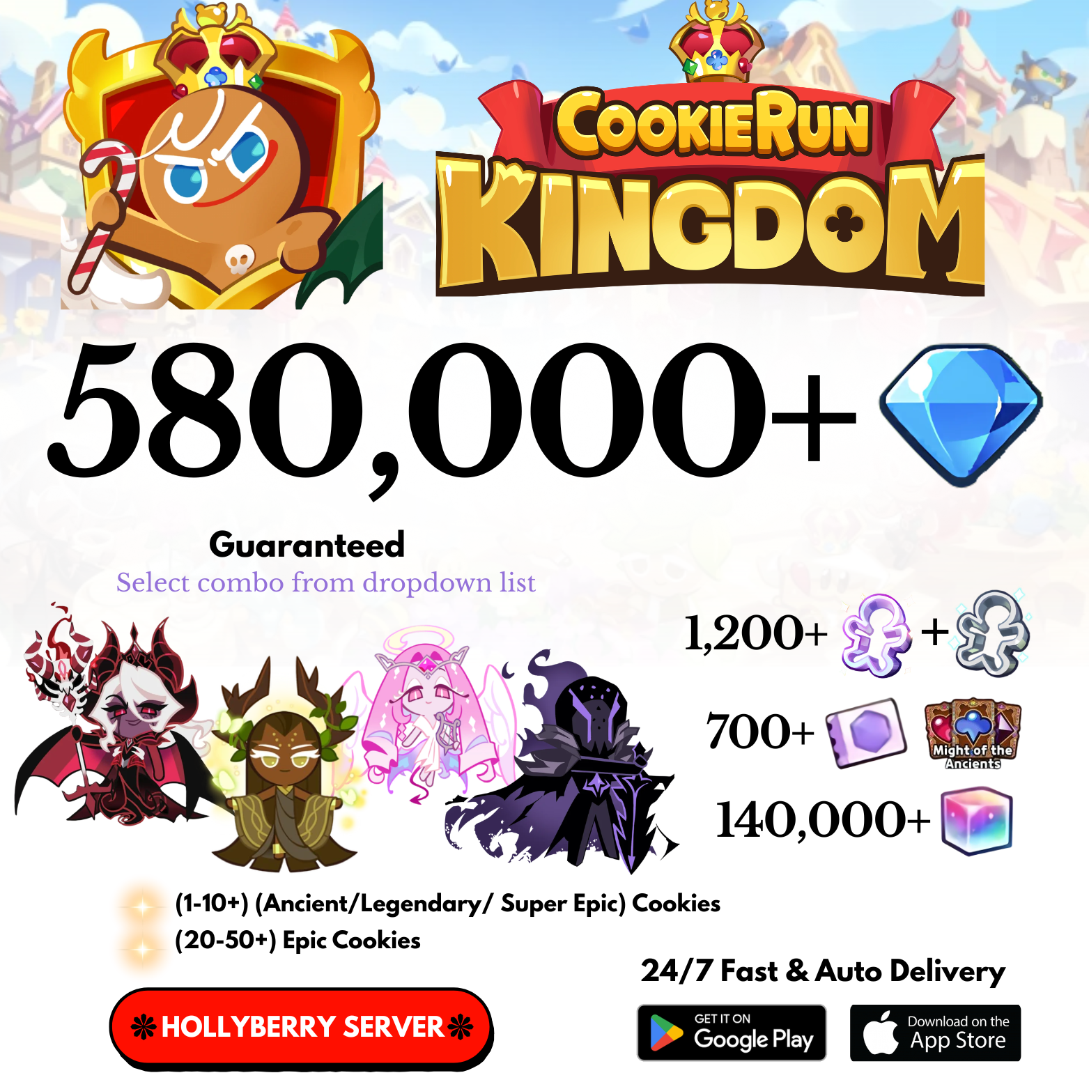 [GLOBAL/Hollyberry] 500,000-580,000+Gems+Special Characters Cookie Run: Kingdom Starter Account