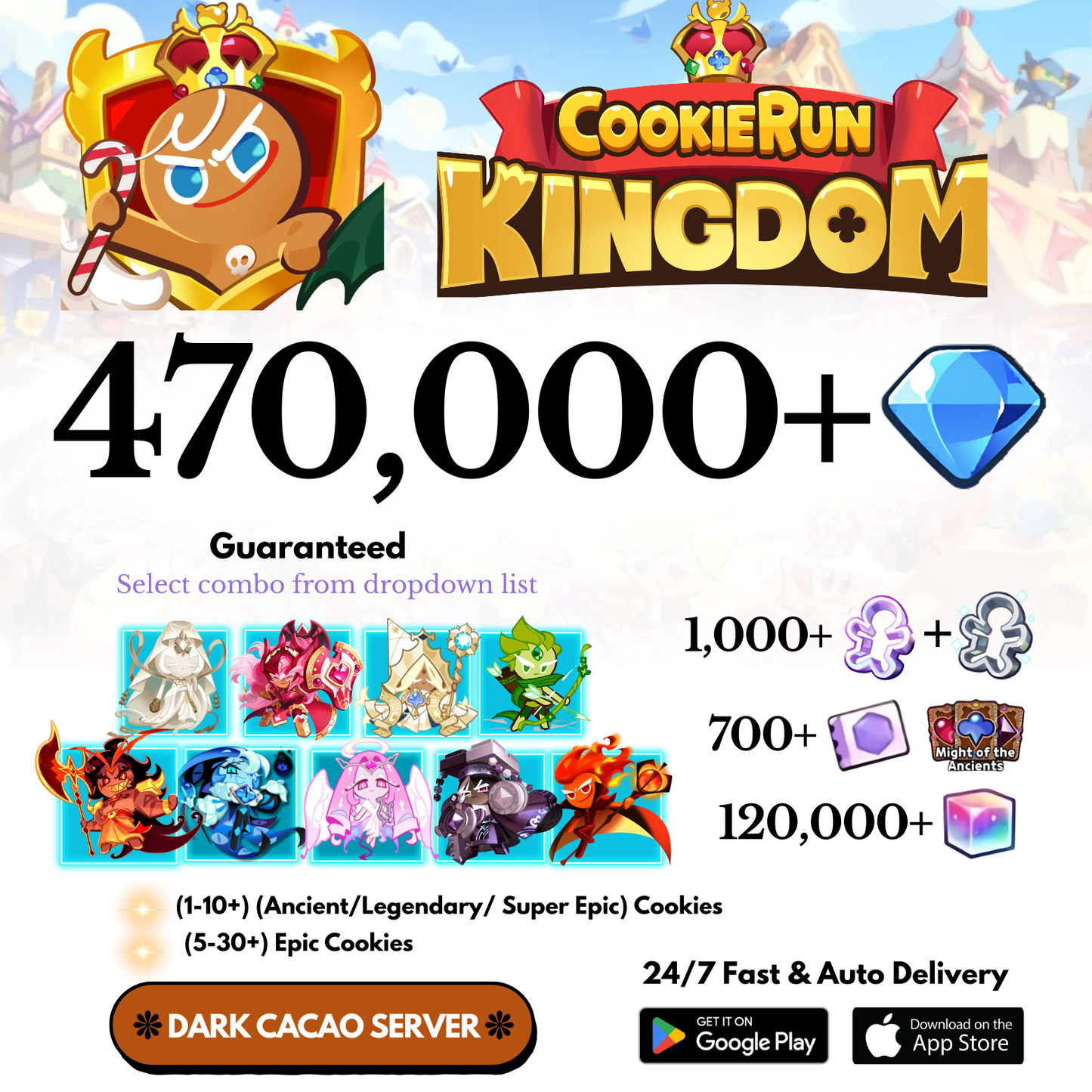 [GLOBAL/Dark Cacao] 100,000-470,000+Gems+Special Characters Cookie Run: Kingdom Starter Account