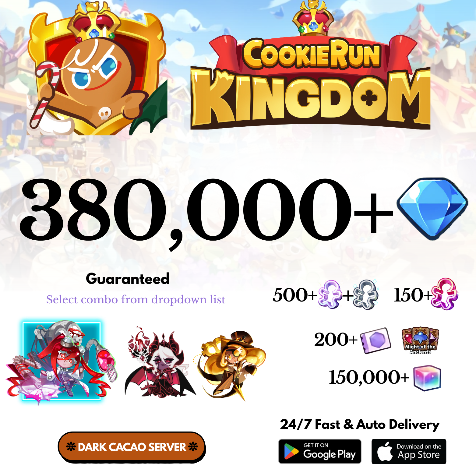 [GLOBAL/Dark Cocoa] 360,000-380,000+Gems+ Providone-Iodine+Combo Cookie Run: Kingdom Starter Account