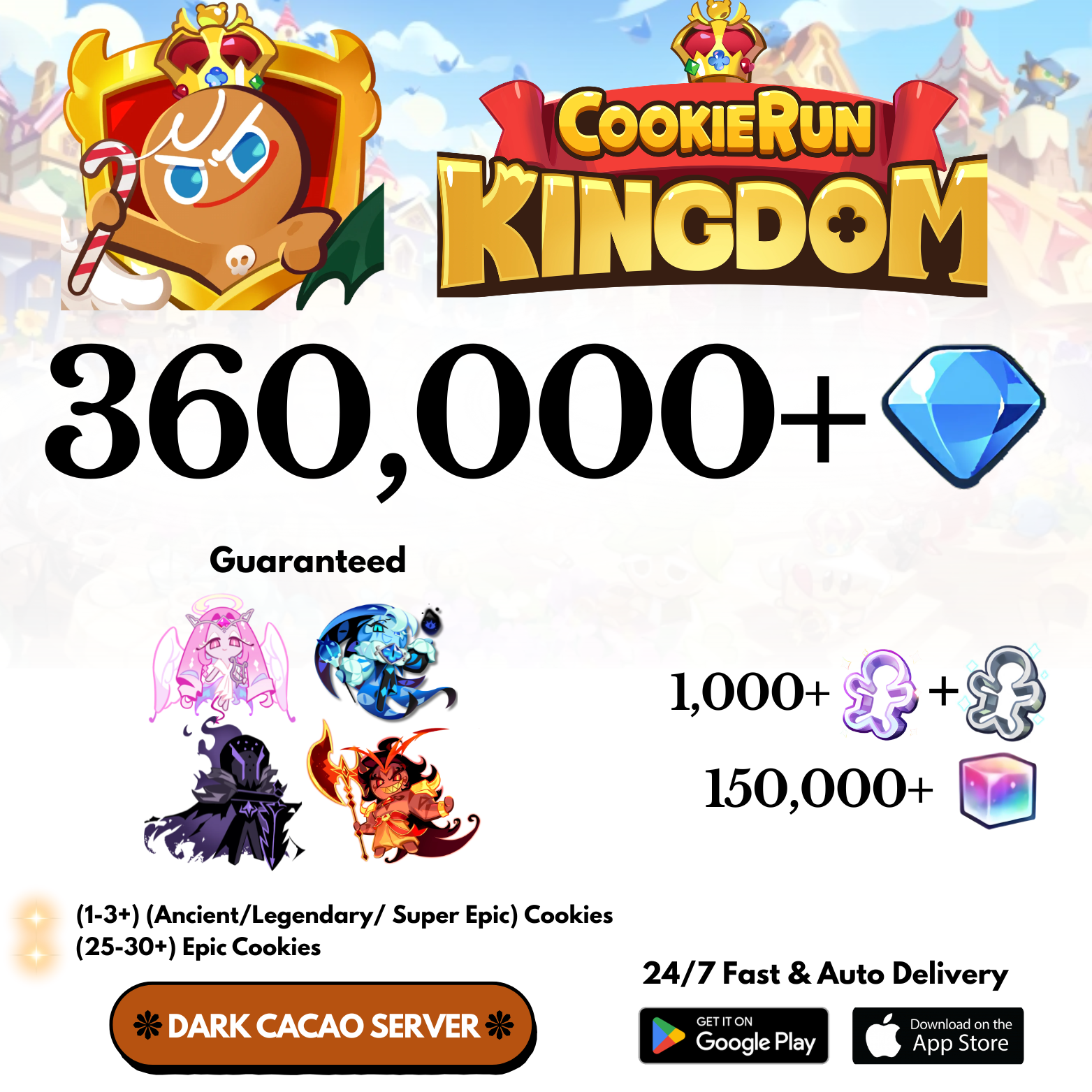 [GLOBAL/Dark Cacao] 360,000+Gems+5 Characters Cookie Run: Kingdom Starter Account