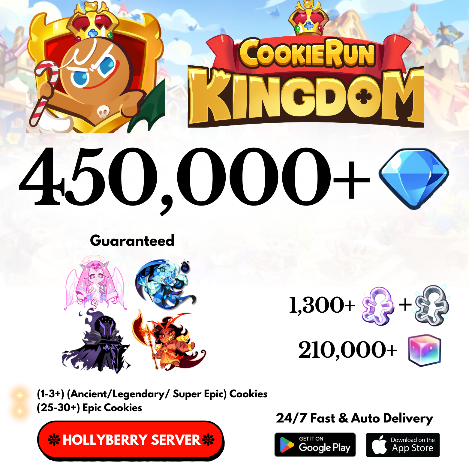 [GLOBAL/Hollyberry] 360,000-450,000+Gems+5 Characters Cookie Run: Kingdom Starter Account