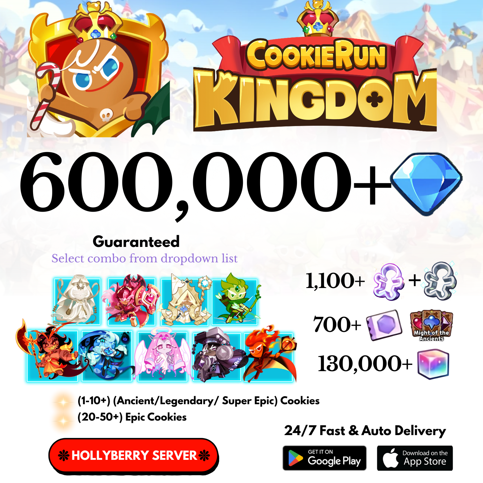 [GLOBAL/Hollyberry] 410,000-600,000+Gems+Special Characters Cookie Run: Kingdom Starter Account
