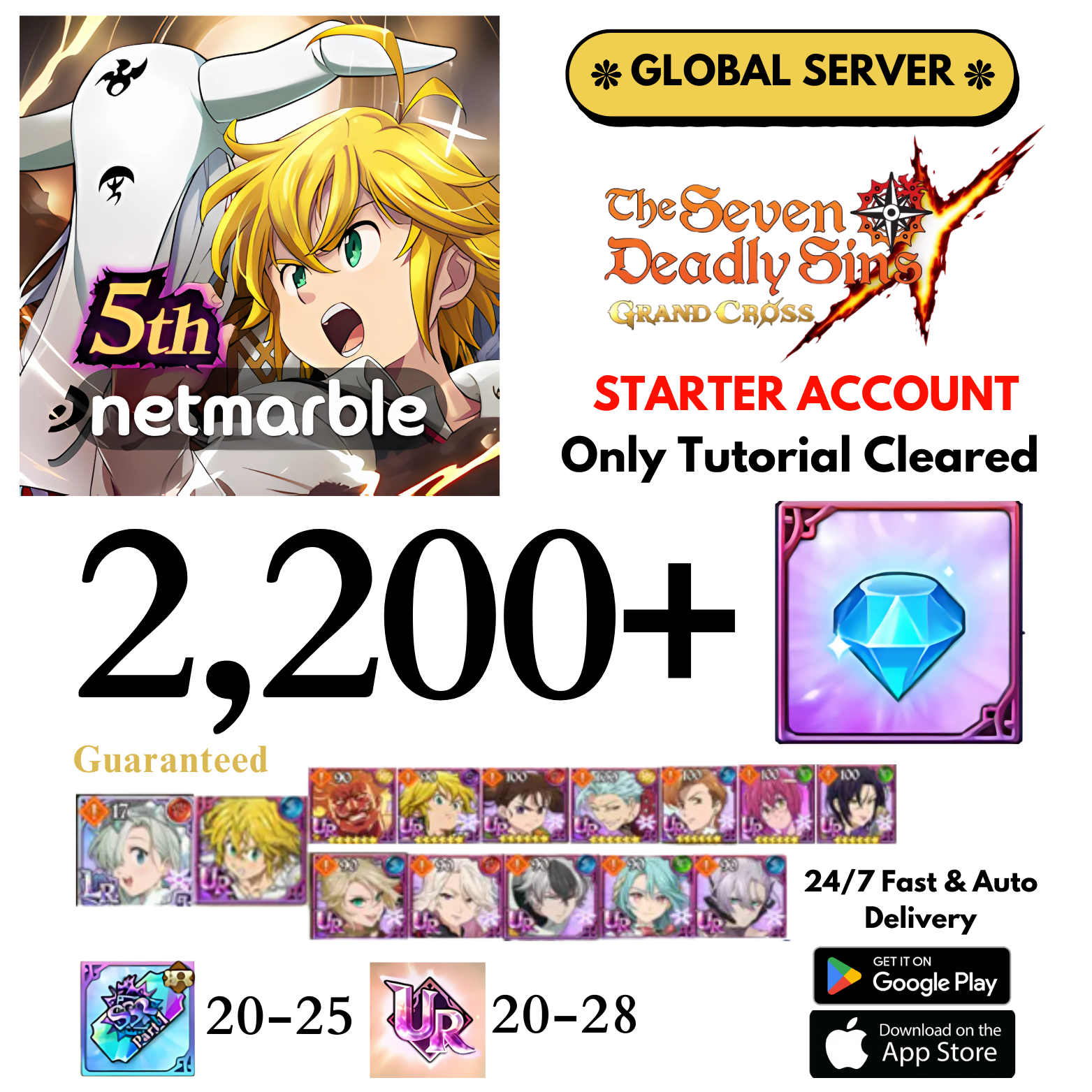 [GLOBAL] 2,200+ Guaranteed Characters Gems 7DS Grand Cross Starter Account