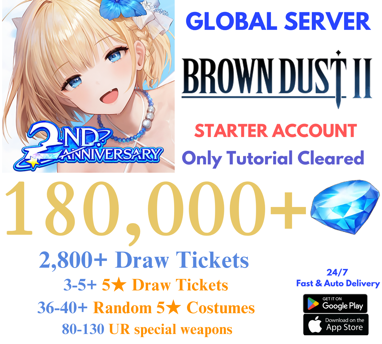 [GLOBAL] 180,000+ Gems Brown Dust 2 Starter Reroll Account
