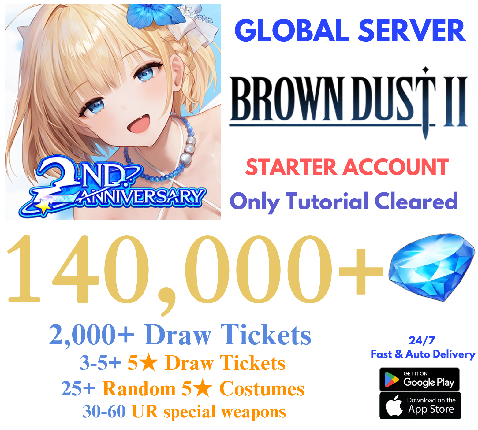 [GLOBAL] 140,000+ Gems Brown Dust 2 Starter Reroll Account