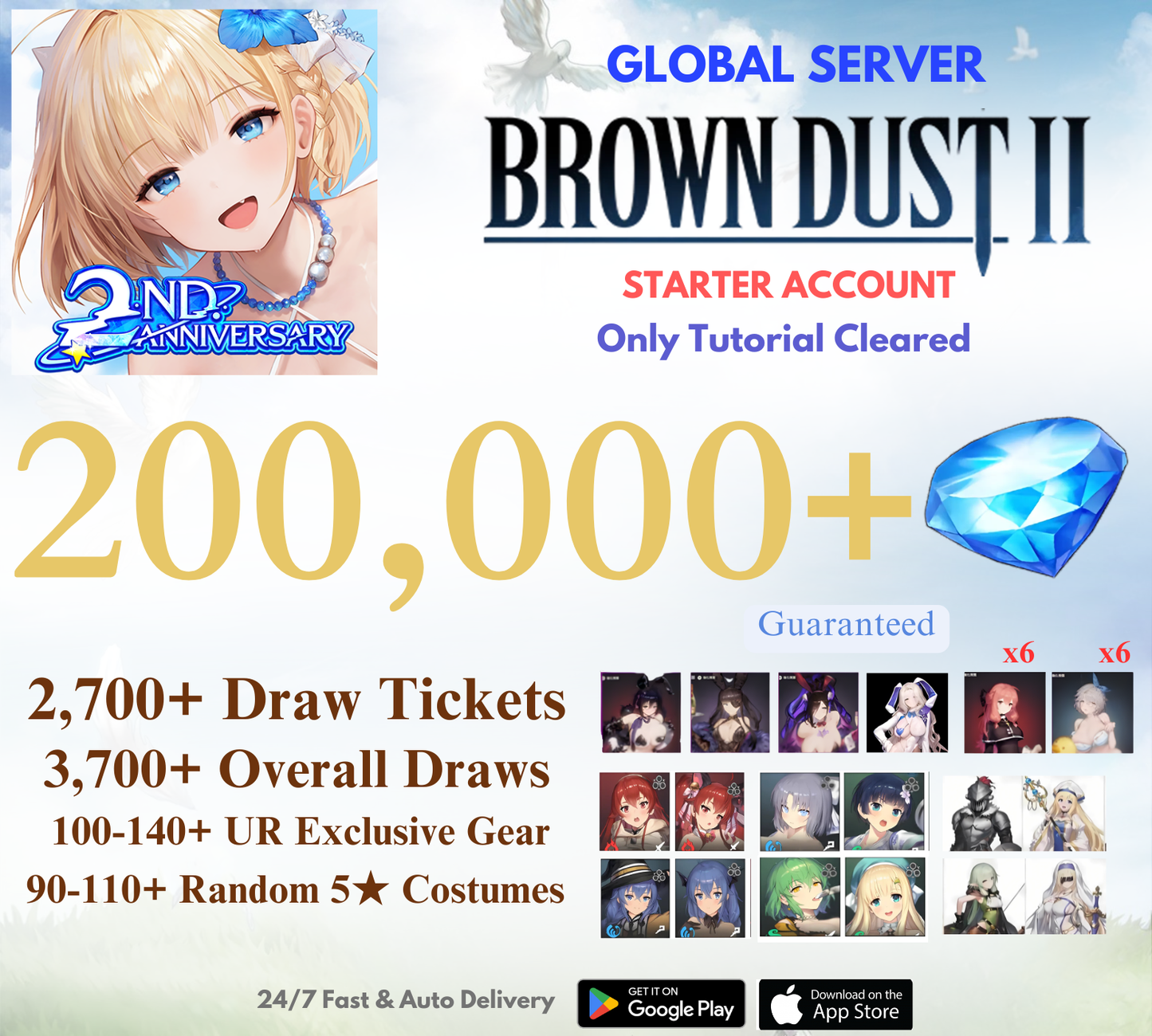 [GLOBAL] 200,000+ Gems+All Three Collabs Brown Dust 2 Starter Reroll Account