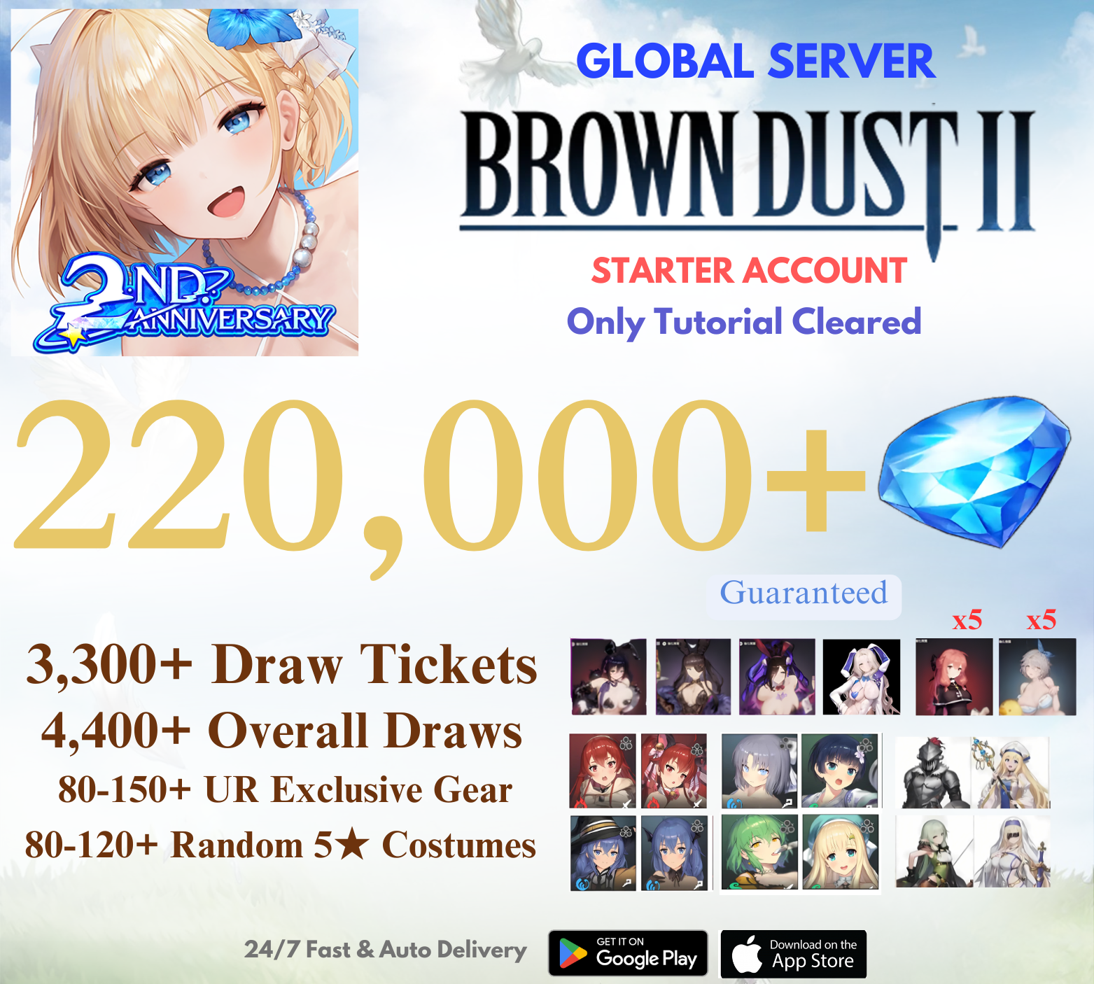 [GLOBAL] 220,000+ Gems+All Three Collabs Brown Dust 2 Starter Reroll Account