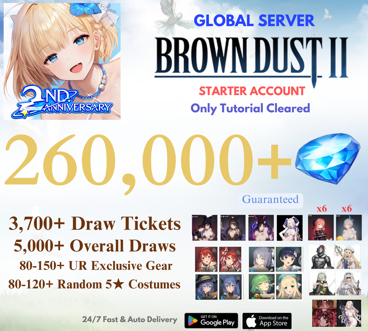 [GLOBAL] 260,000+ Gems+All Three Collabs Brown Dust 2 Starter Reroll Account