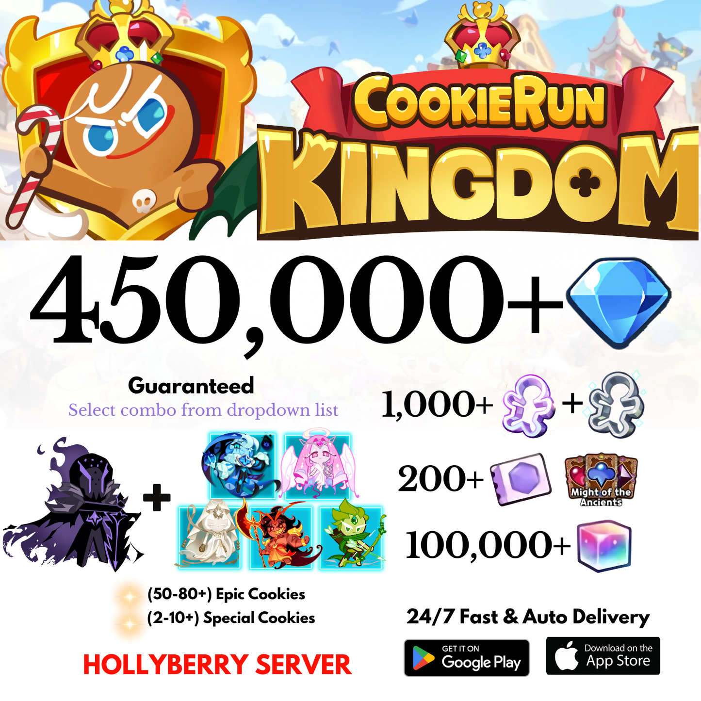 [GLOBAL/Hollyberry] 450,000+Gems+Silent Salt Cookie+Selected character Cookie Run: Kingdom Starter Account